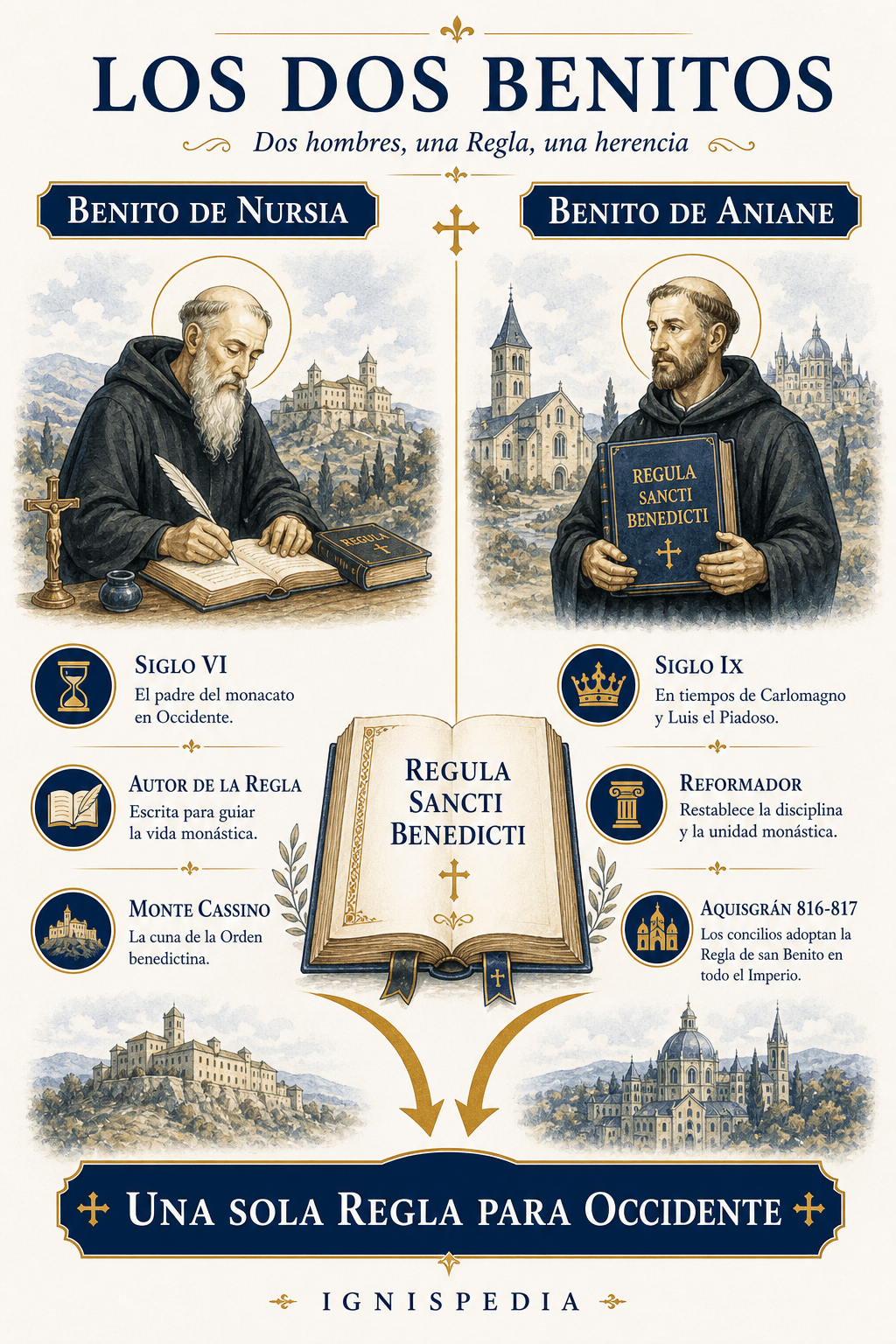 Infografía que compara a san Benito de Nursia y san Benito de Aniane