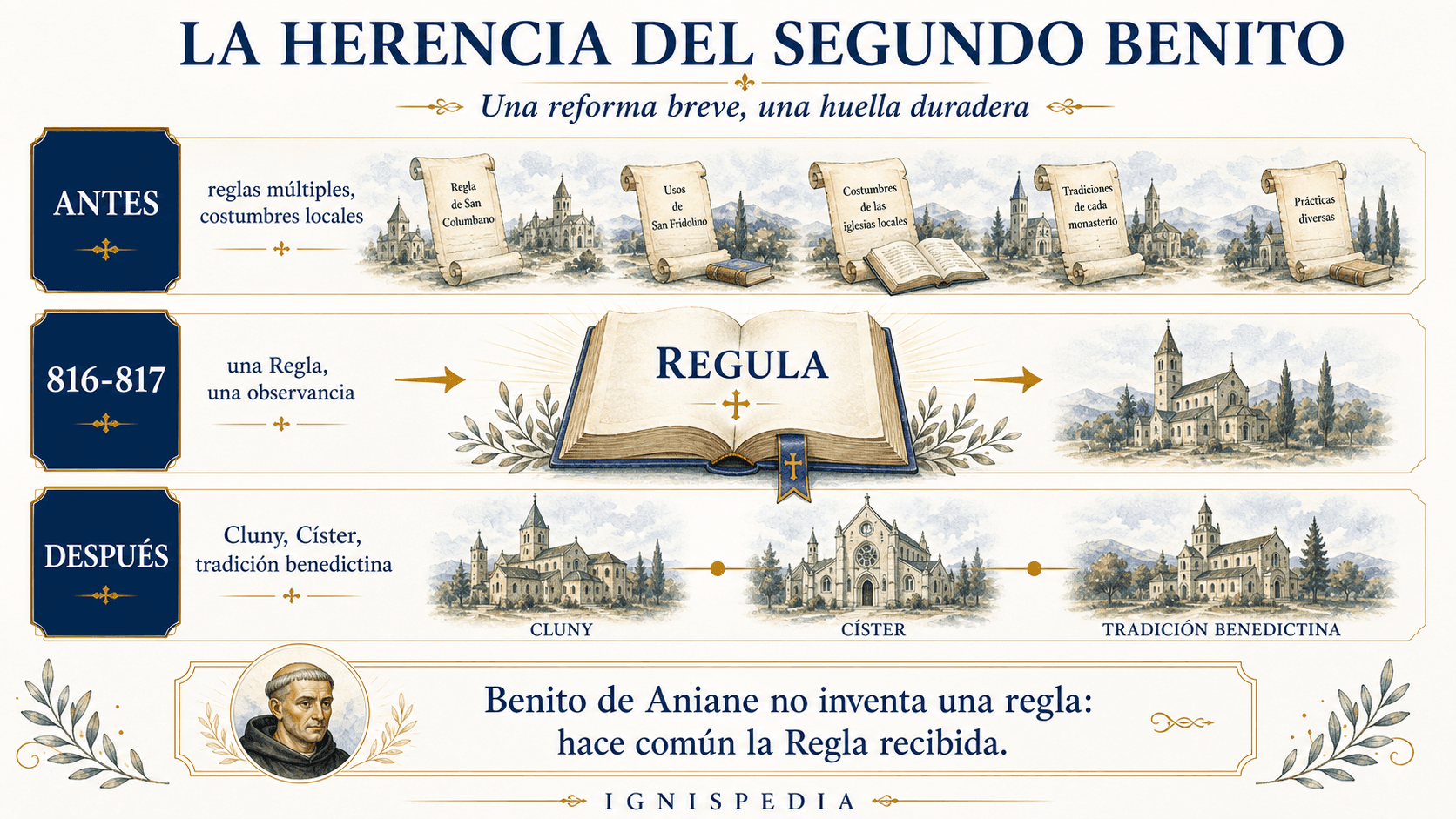 Infografía sobre la herencia del segundo Benito: antes de la reforma, Aquisgrán, después Cluny, Císter y la tradición benedictina