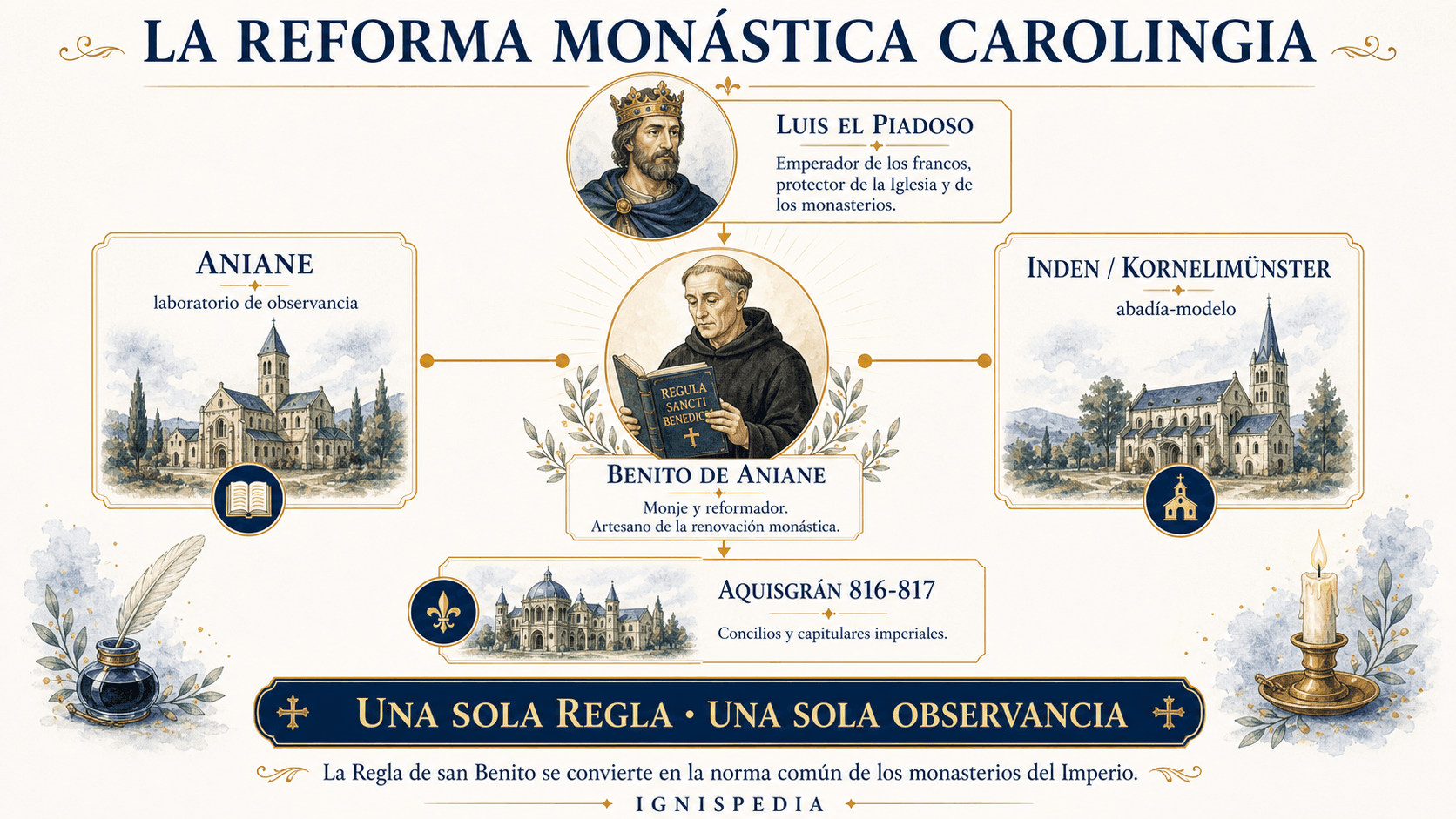 Infografía sobre la reforma monástica carolingia dirigida por Benito de Aniane bajo Luis el Piadoso