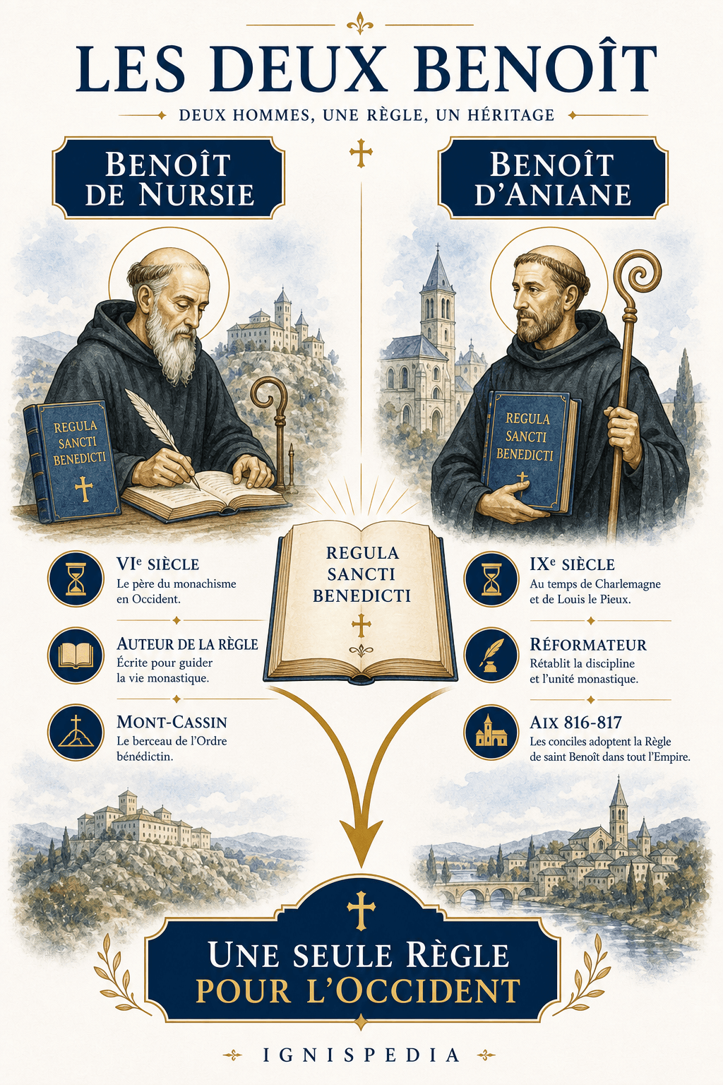 Infographie comparant saint Benoît de Nursie et saint Benoît d'Aniane