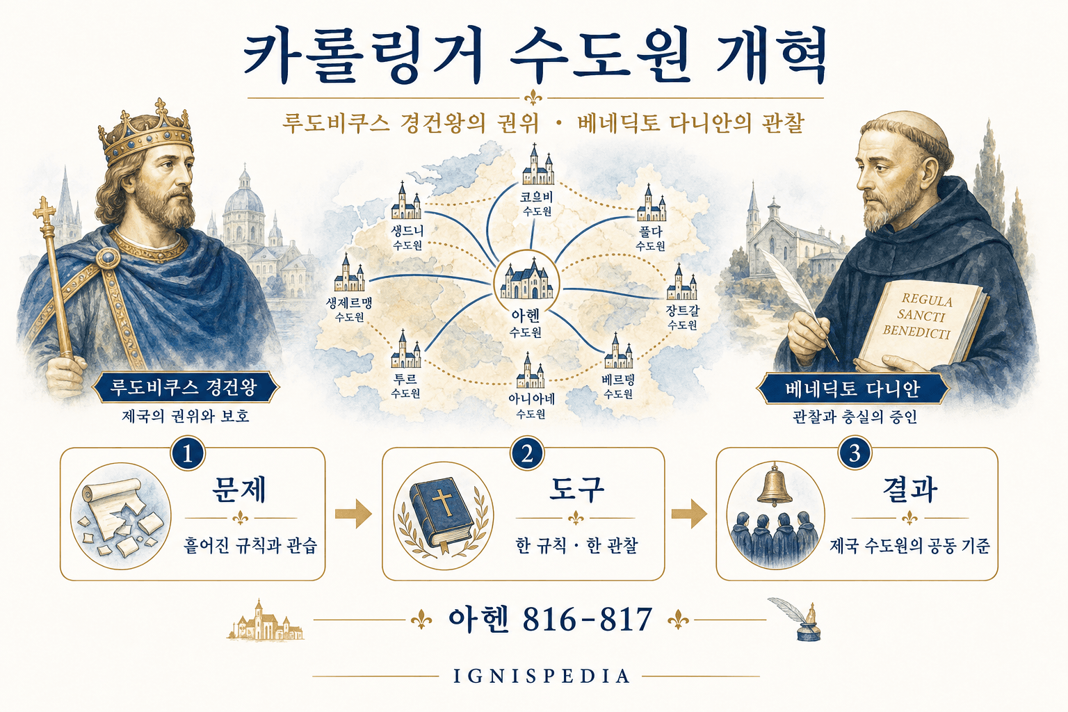 아니안의 베네딕토가 이끈 카롤링거 수도원 개혁을 설명하는 한국어 인포그래픽