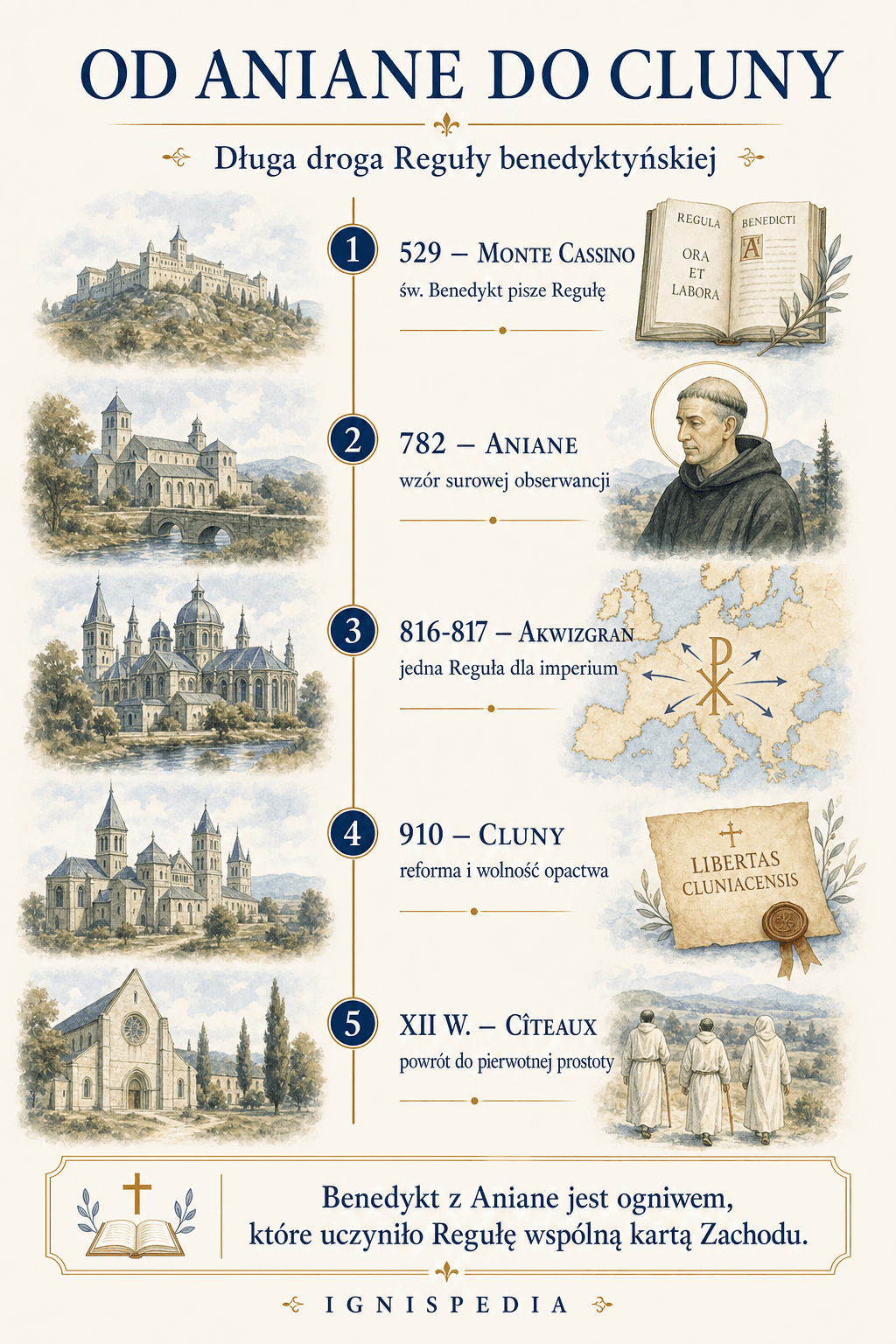 Infografika ukazująca linię monastyczną od Aniane do Cluny
