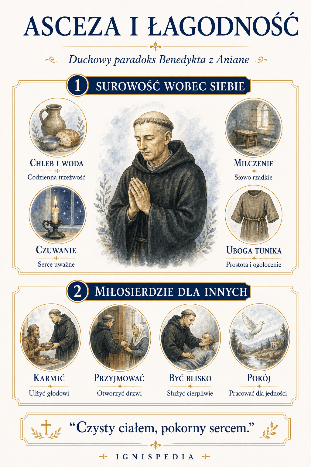 Infografika o ascezie i łagodności świętego Benedykta z Aniane