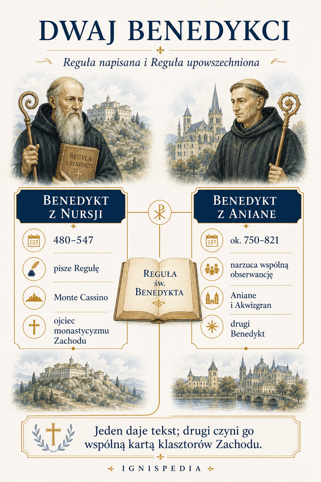 Infografika porównująca świętego Benedykta z Nursji i świętego Benedykta z Aniane