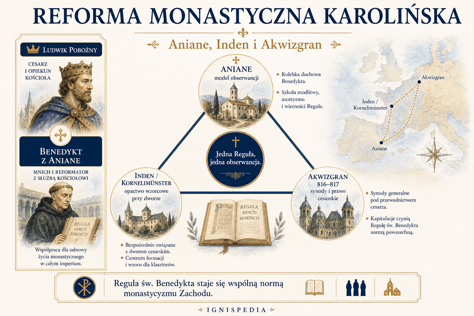 Infografika o karolińskiej reformie monastycznej prowadzonej przez Benedykta z Aniane pod opieką Ludwika Pobożnego