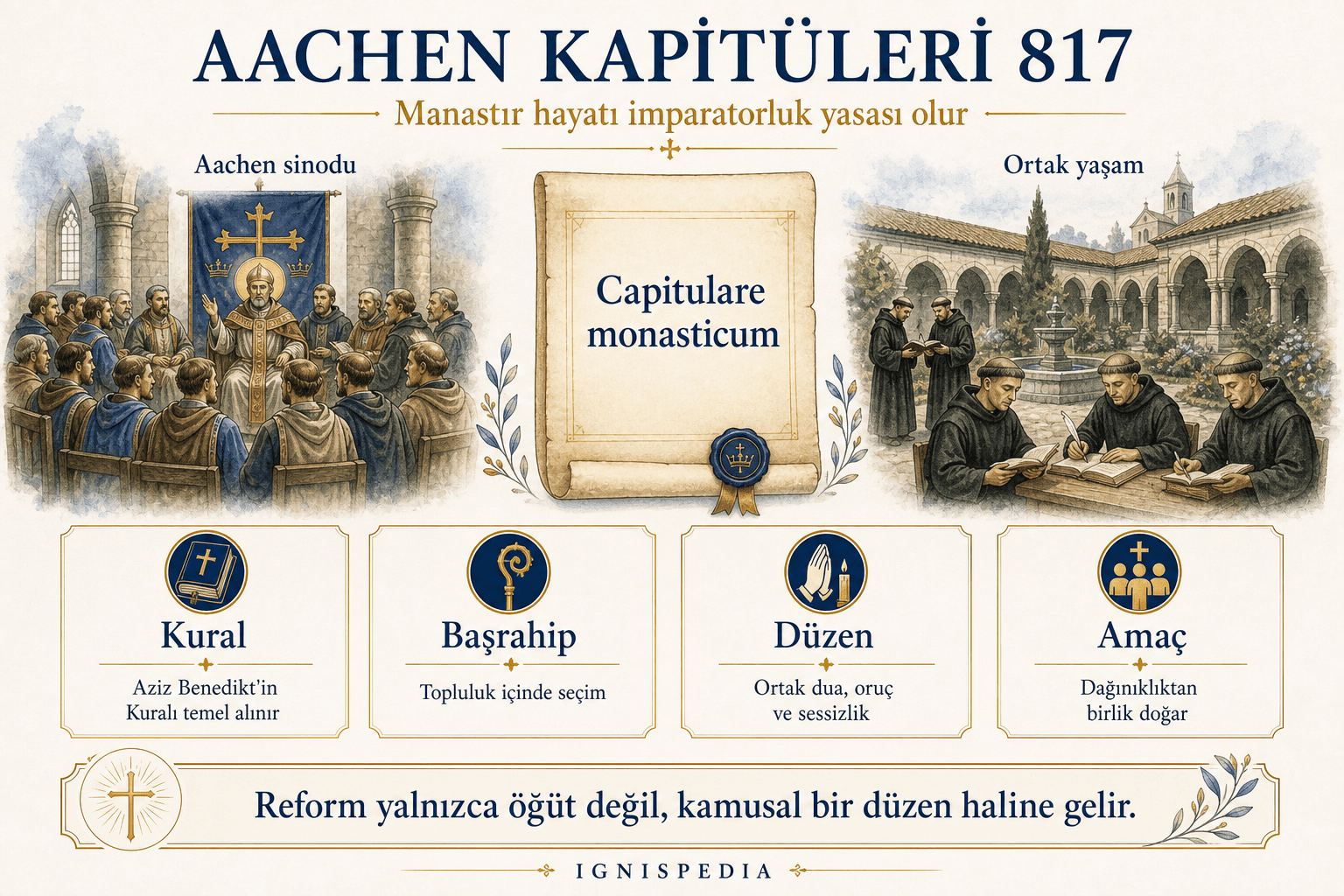 817 Aachen manastır kapitülerini anlatan Türkçe infografik
