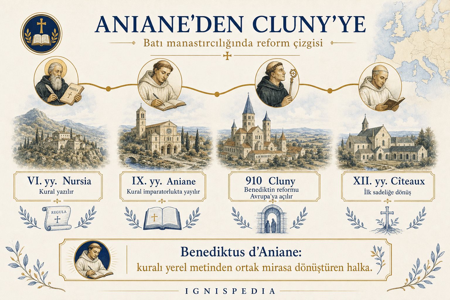 Aniane'den Cluny'ye uzanan manastır reform çizgisini anlatan Türkçe infografik