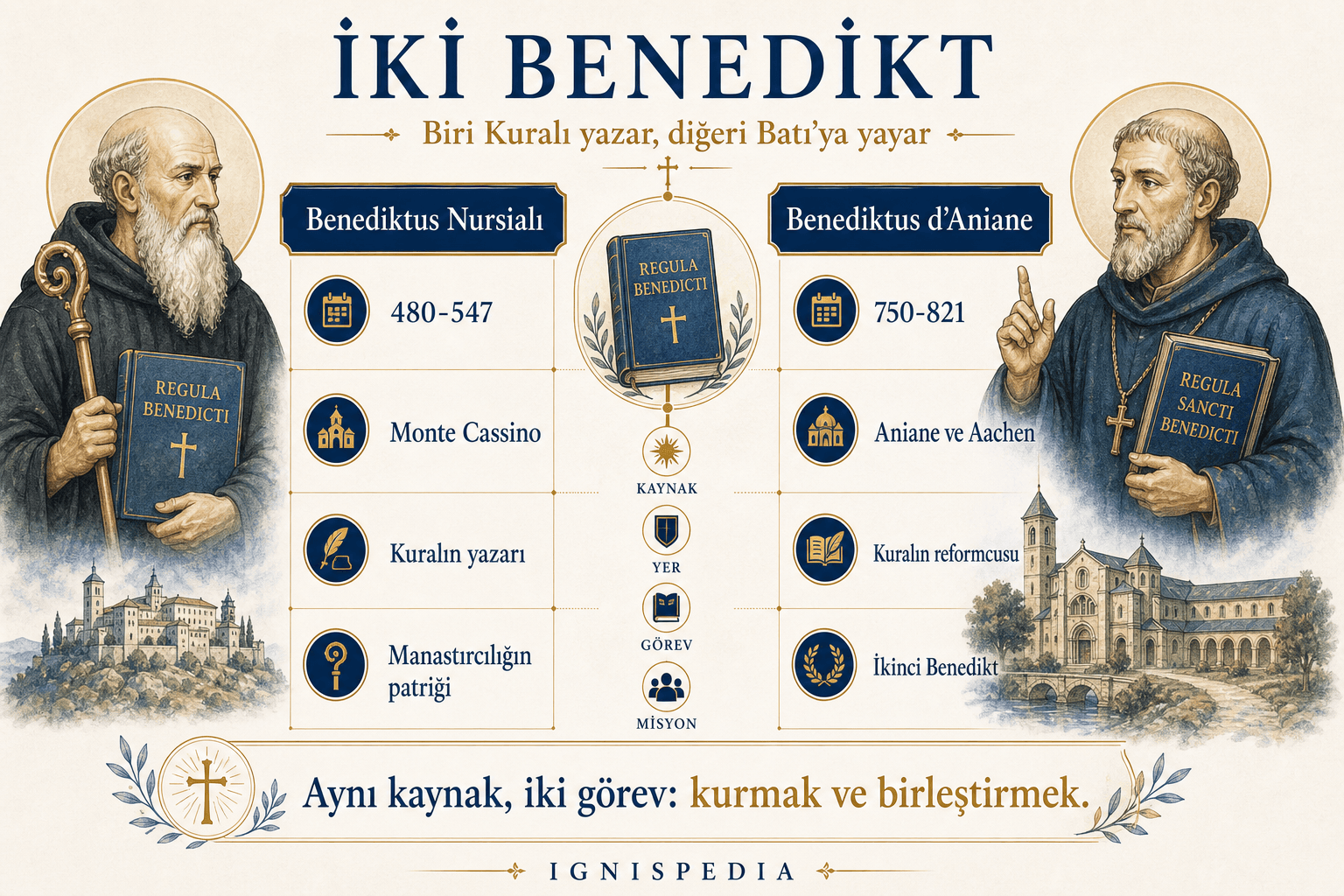 Aziz Benediktus Nursialı ile Aziz Benediktus d'Aniane'yi karşılaştıran Türkçe infografik