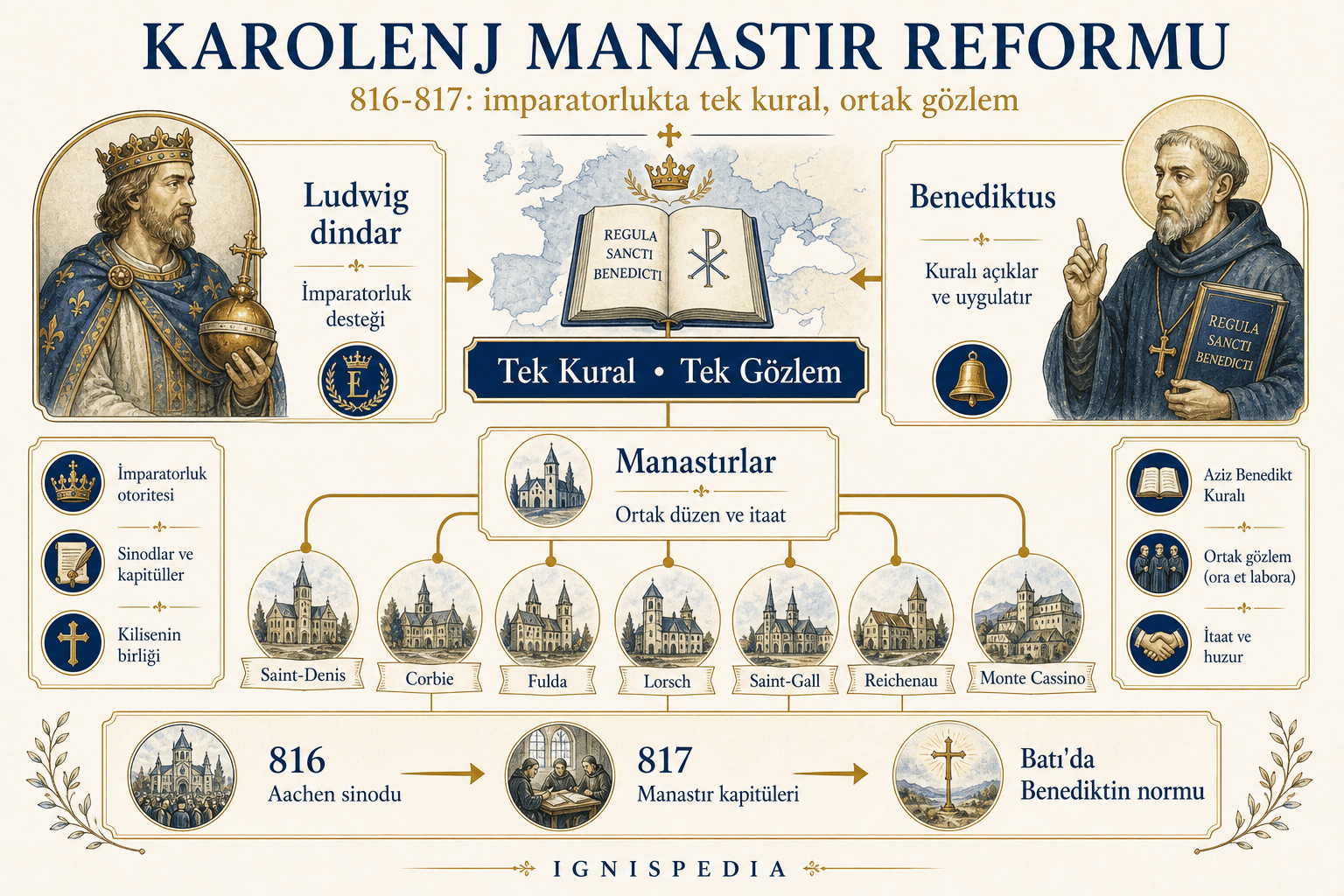 Benediktus d'Aniane'nin yönettiği Karolenj manastır reformunu anlatan Türkçe infografik