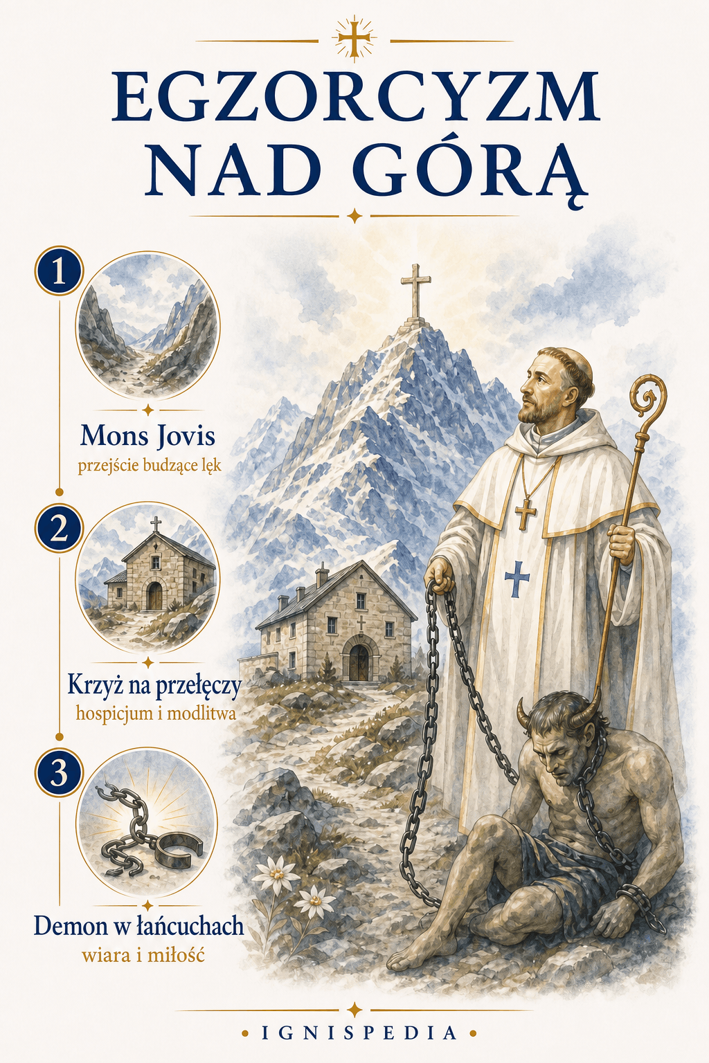 Infografika o egzorcyzmie nad górą, od Mons Jovis do krzyża na przełęczy