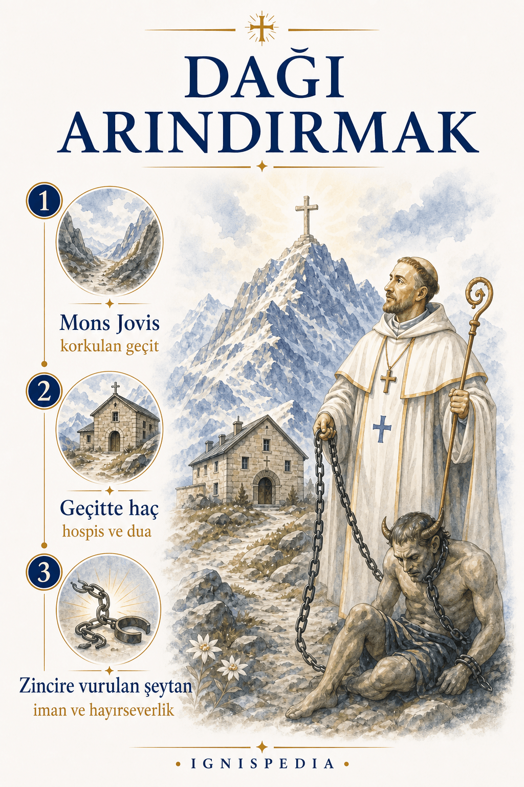 Dağı arındırmak: Mont-Joux geçidinden haça uzanan ruhani dönüşümü gösteren infografik