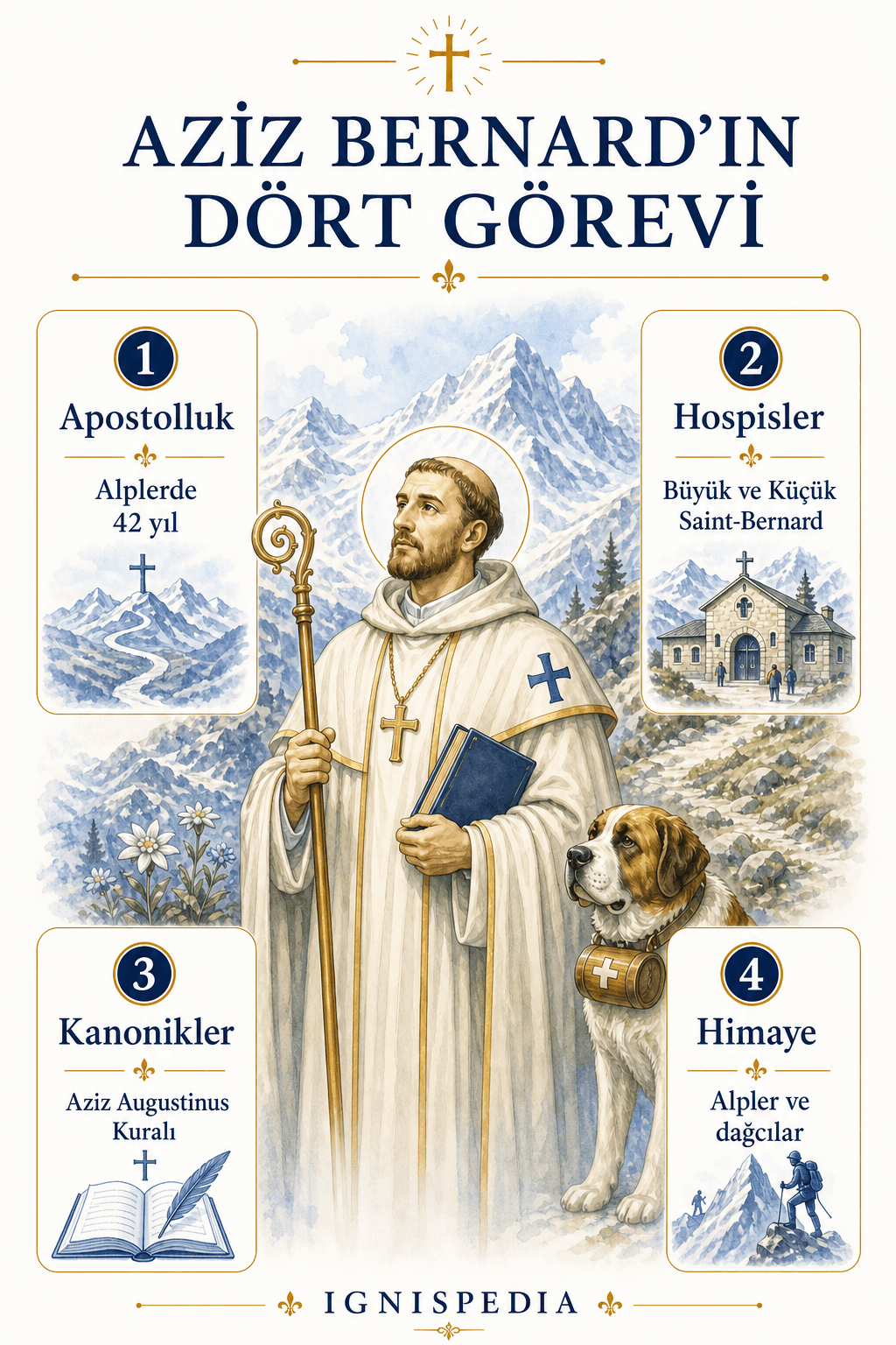 Aziz Bernard de Menthon'un dört görevini özetleyen infografik