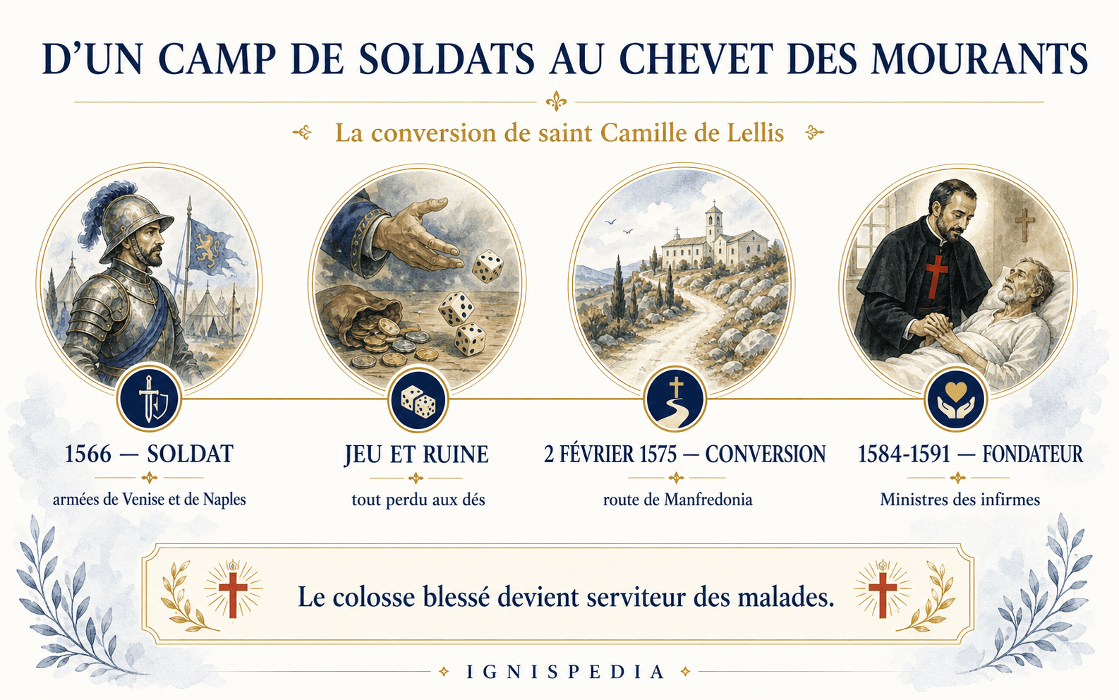 Frise infographique de la conversion de saint Camille de Lellis, du soldat joueur ruiné au fondateur des Ministres des infirmes