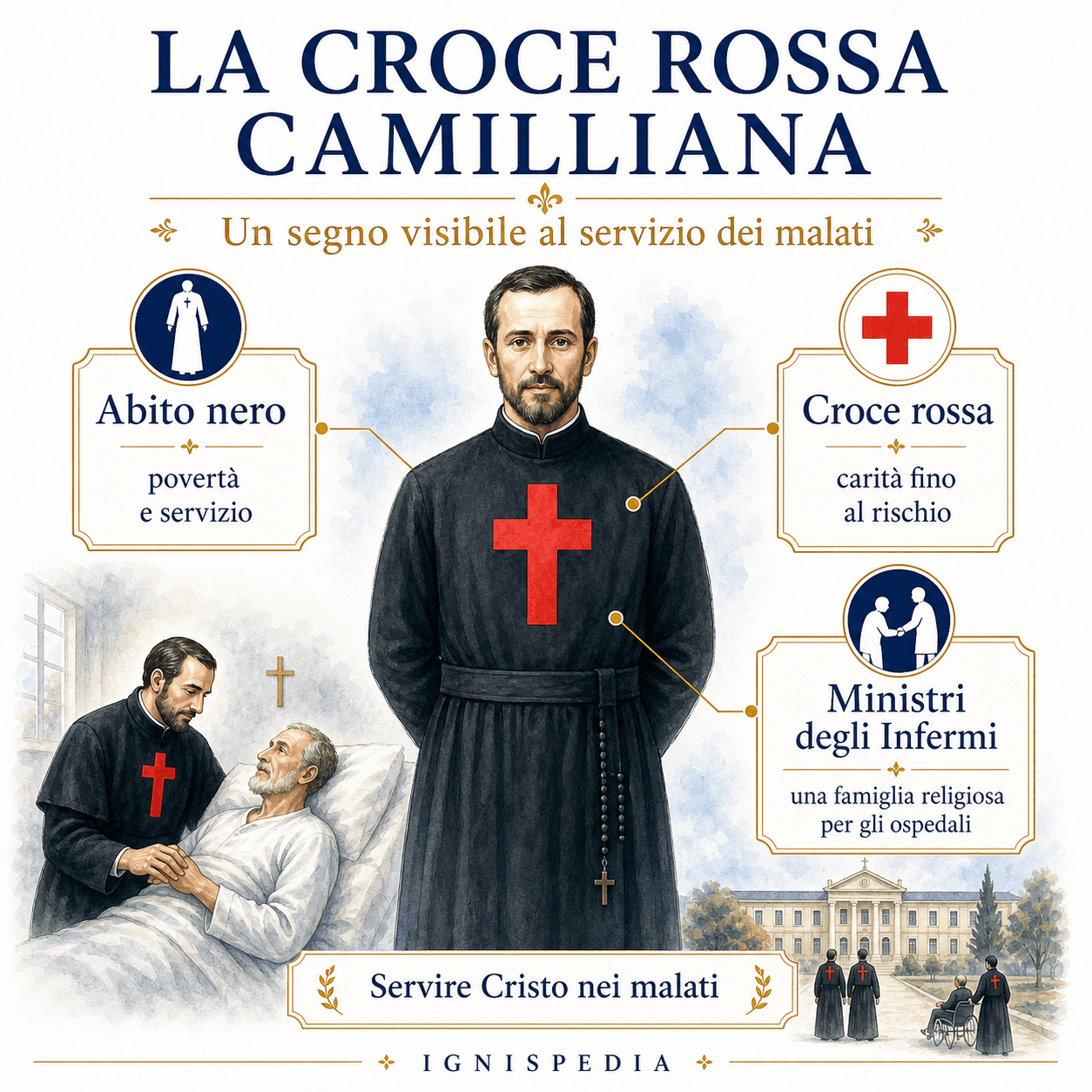 Infografica che spiega la croce rossa dei Camilliani autorizzata da Sisto V nel 1586