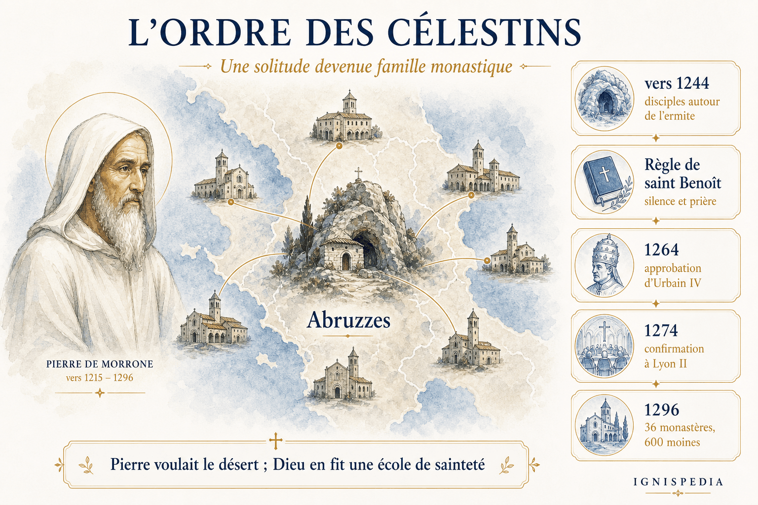 Infographie sur l'ordre des Célestins : naissance autour de l'ermite, règle bénédictine, approbations et expansion.