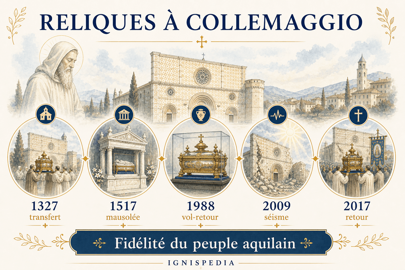 Infographie sur les reliques de saint Célestin V à Collemaggio : transfert, mausolée, vol, séisme et retour.