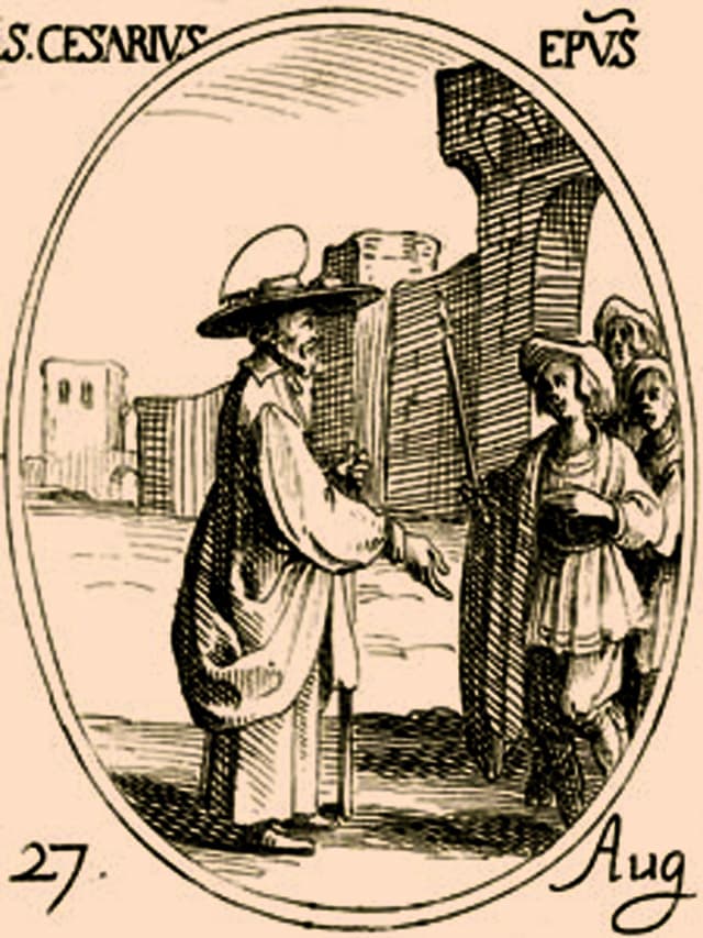 Gravure ancienne représentant saint Césaire d'Arles, évêque, avec sainte Césarie
