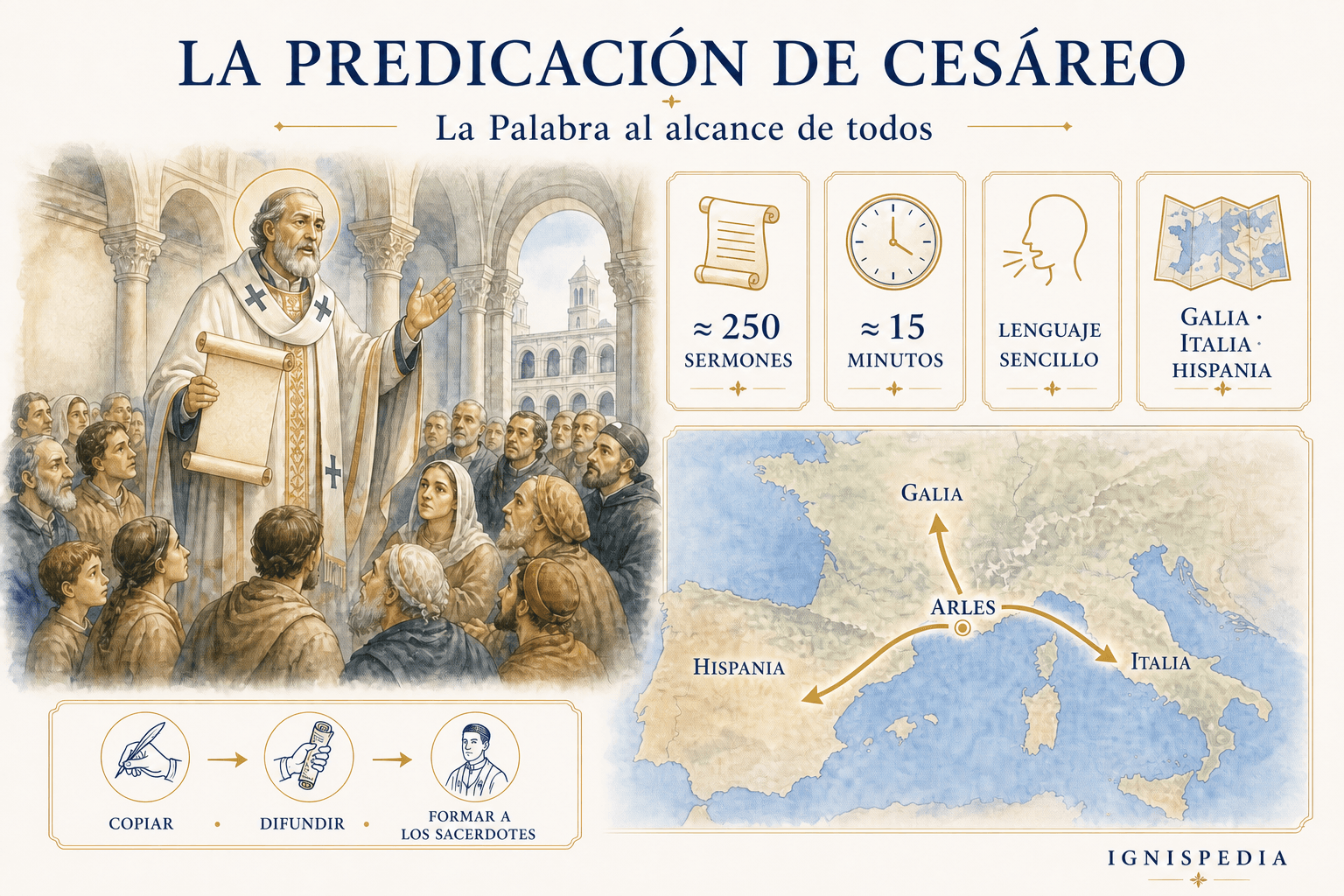 Infografía sobre la predicación de san Cesáreo: unos 250 sermones, quince minutos, lenguaje sencillo y difusión en la Galia, Italia e Hispania