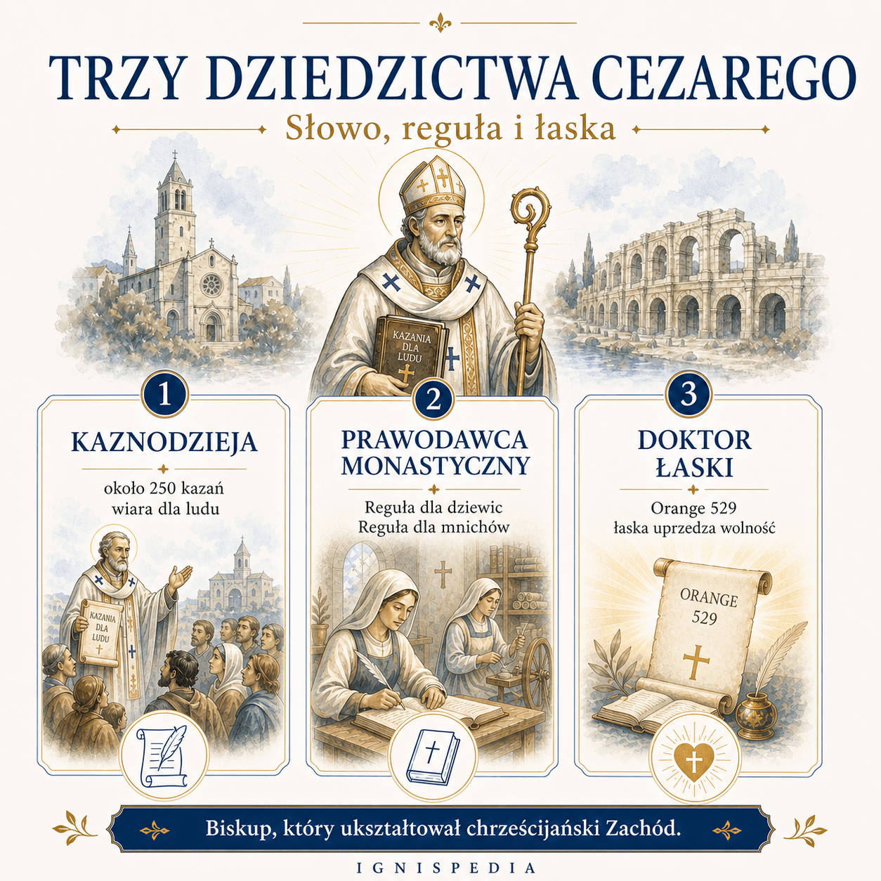 Infografika podsumowująca trzy dziedzictwa świętego Cezarego: kaznodzieję, prawodawcę monastycznego i doktora łaski