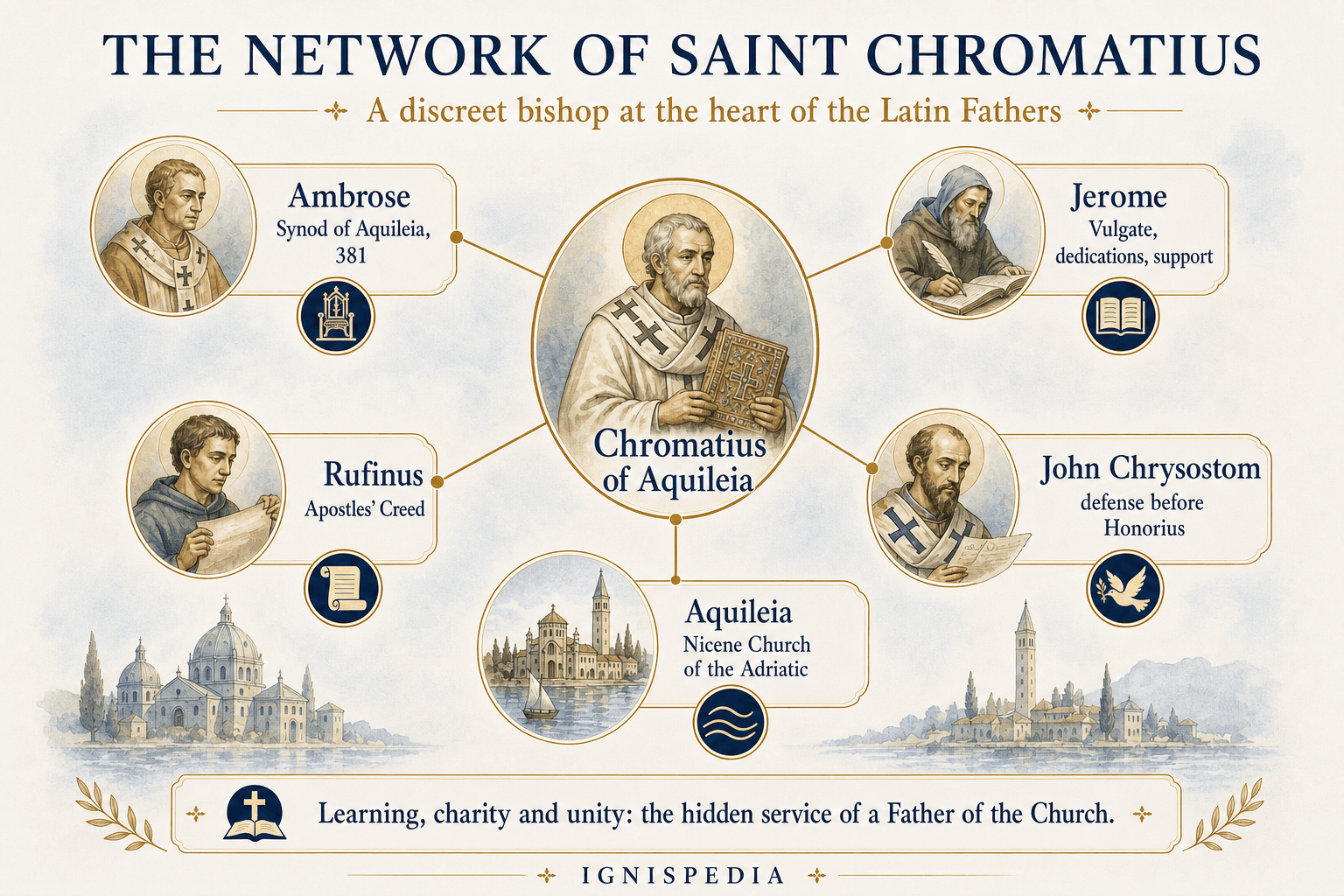 Infographic of Saint Chromatius's network linking Ambrose, Jerome, Rufinus, John Chrysostom and Aquileia