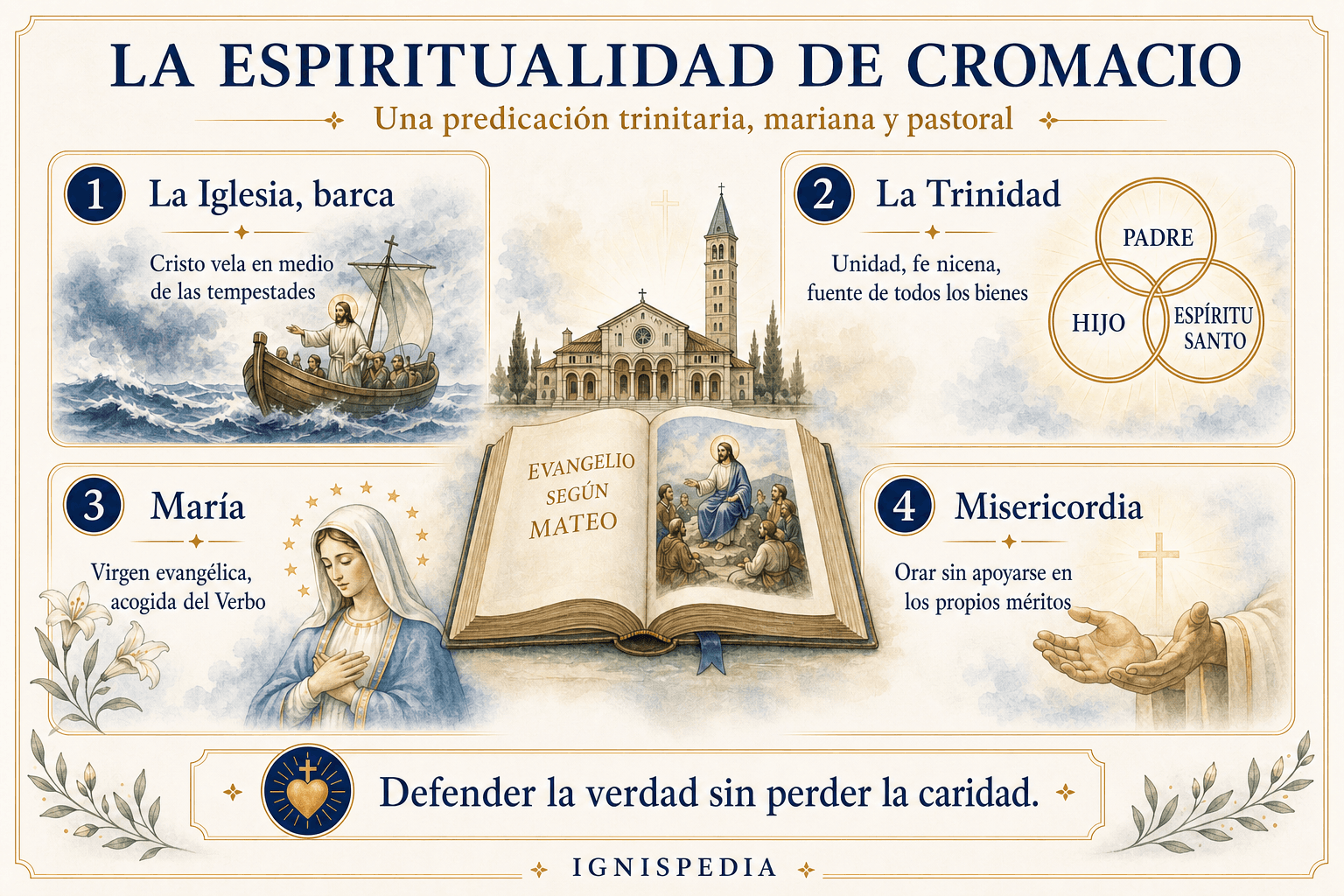 Infografía que resume la espiritualidad de san Cromacio: Iglesia como barca, Trinidad, María y misericordia