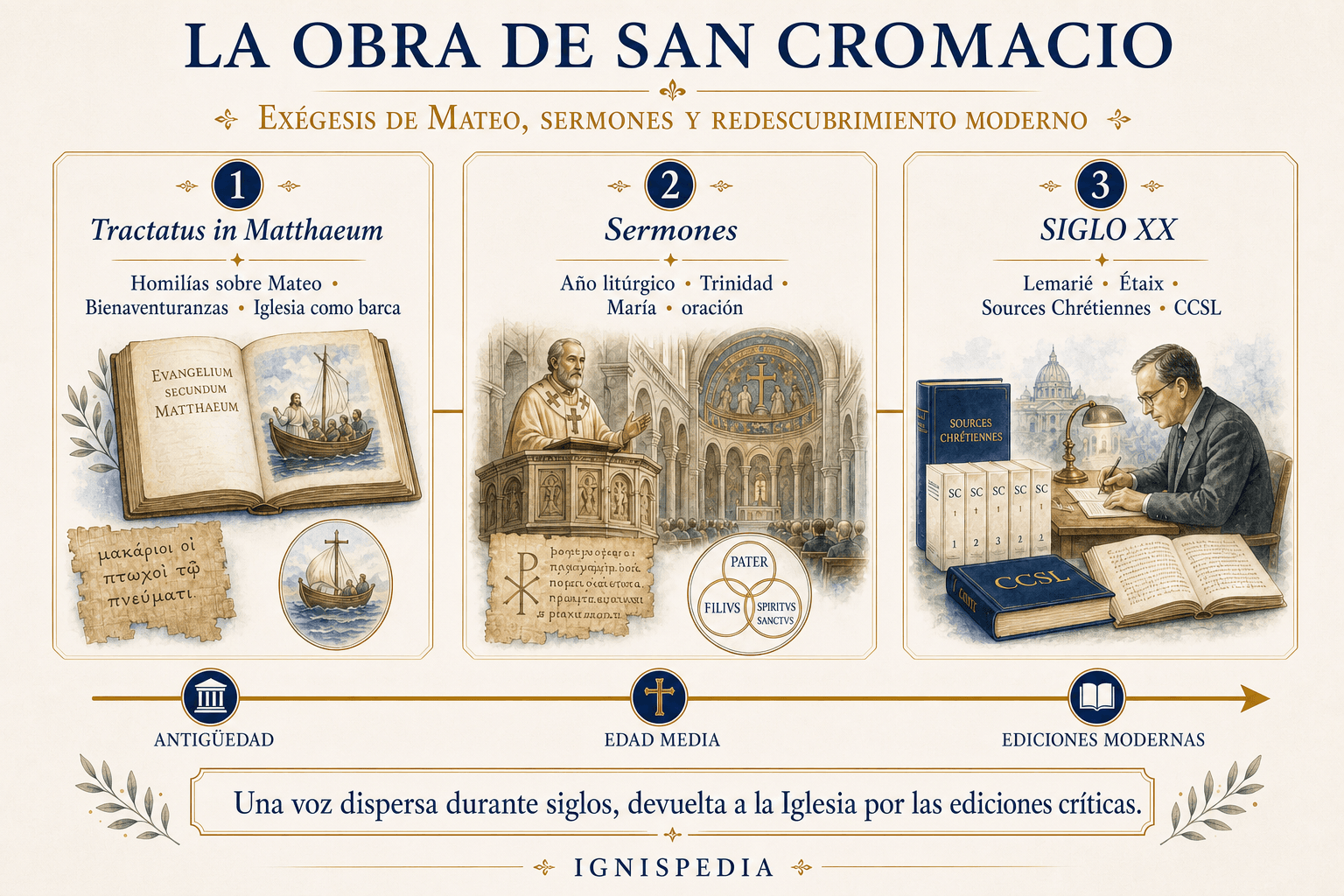 Infografía que presenta los Tractatus in Matthaeum, los Sermones y el redescubrimiento moderno de san Cromacio