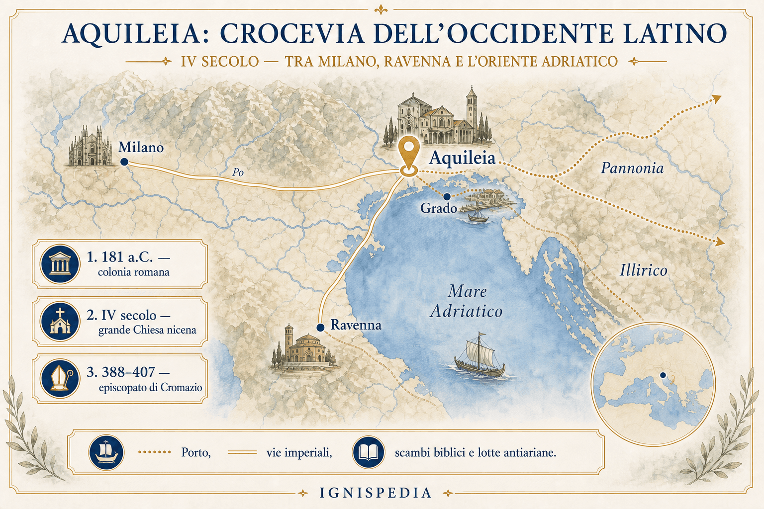 Carta infografica che situa Aquileia, Grado, Milano, Ravenna, la Pannonia e l'Illirico