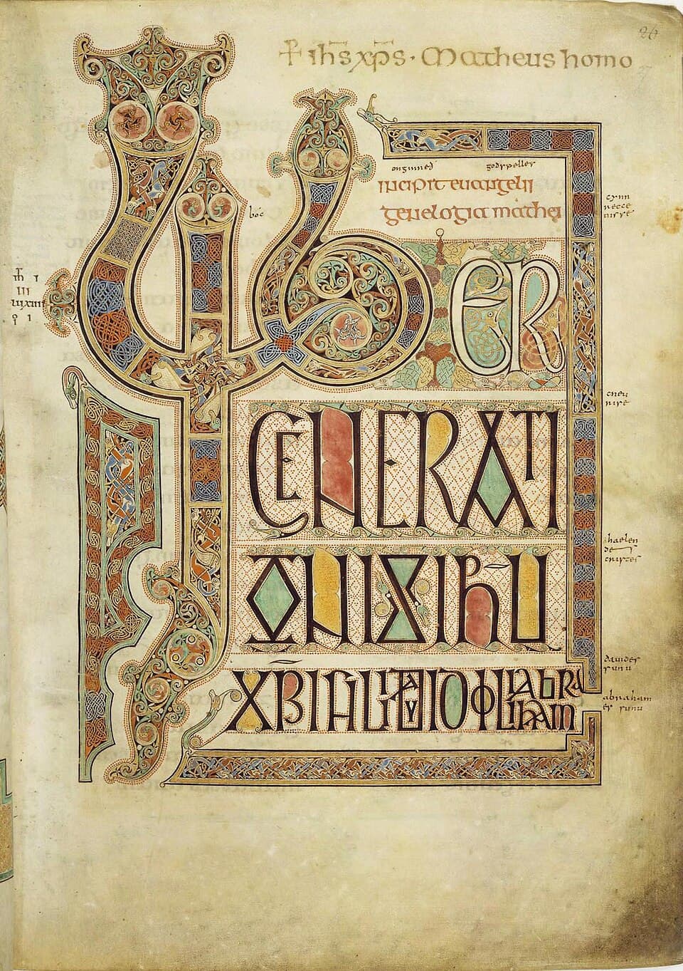 Folio latino iluminado que abre el Evangelio de Mateo en los Evangelios de Lindisfarne
