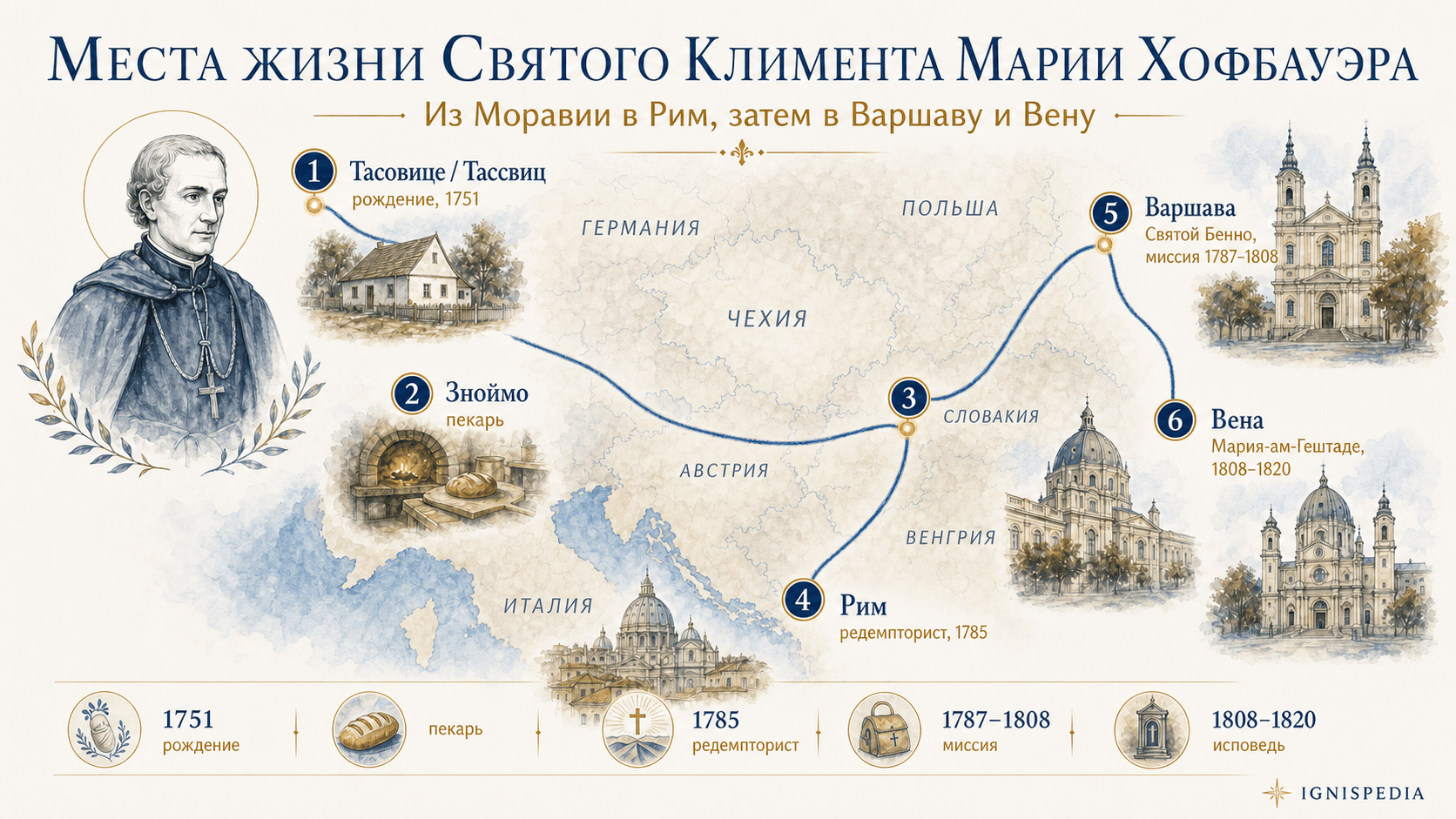Карта главных мест жизни святого Климента Марии Хофбауэра — от Тасовице до Рима, Варшавы и Вены