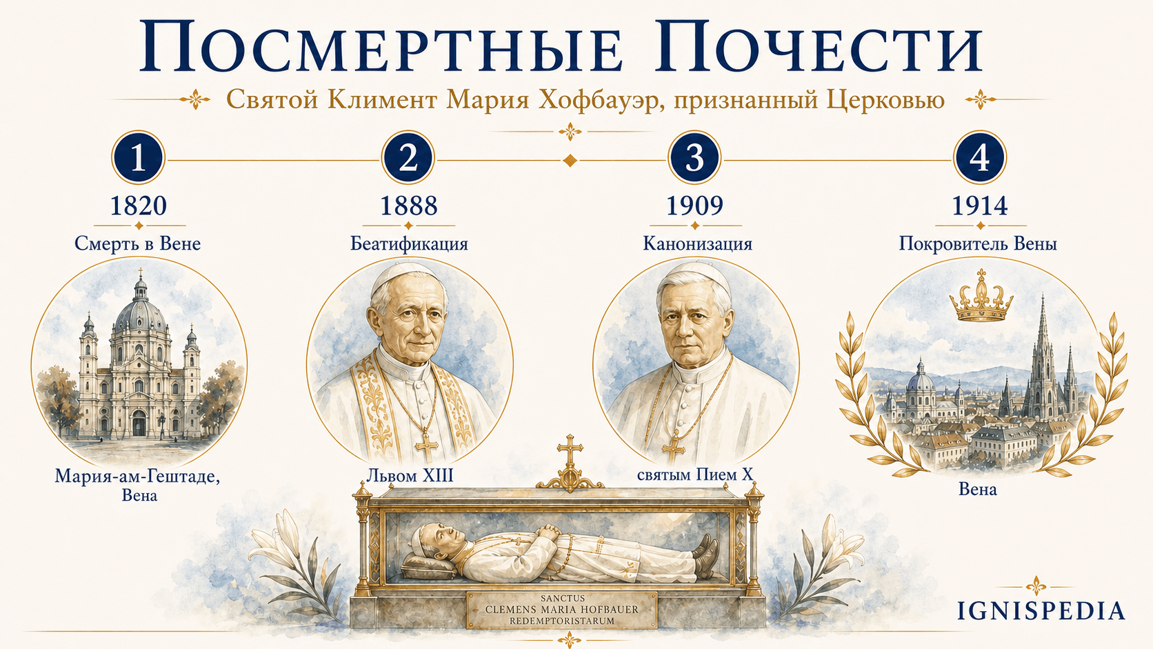Хронология посмертных почестей святого Климента Марии Хофбауэра: смерть, беатификация, канонизация и покровительство Вене