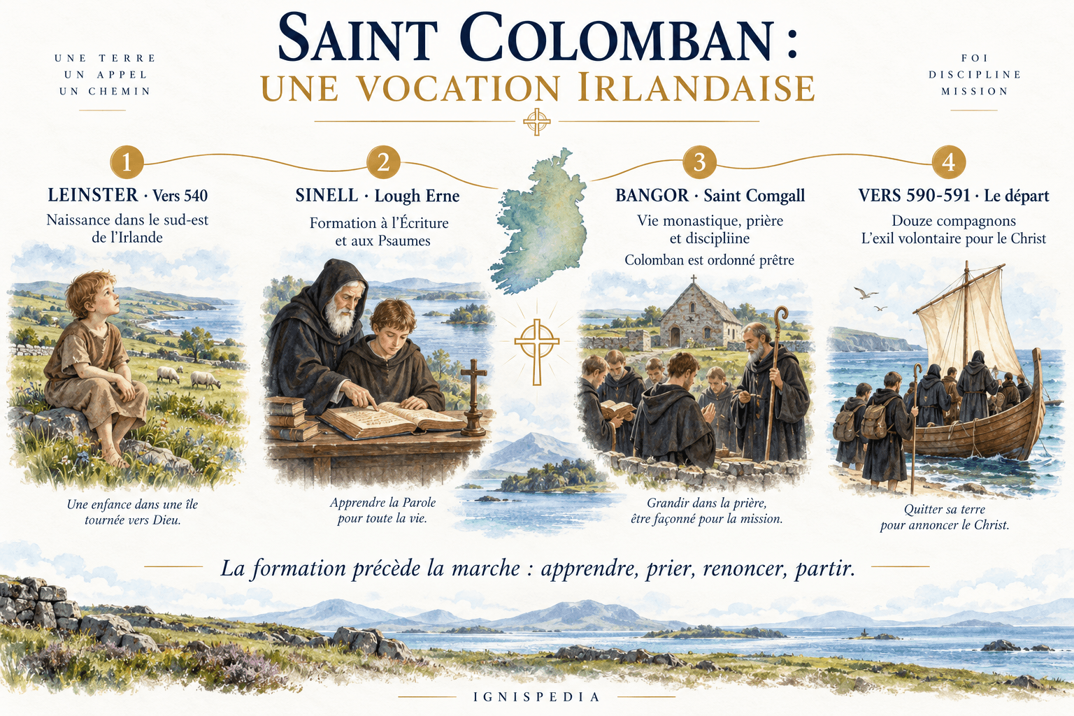 Formation de Colomban : Leinster, Sinell, Bangor et départ pour le Christ