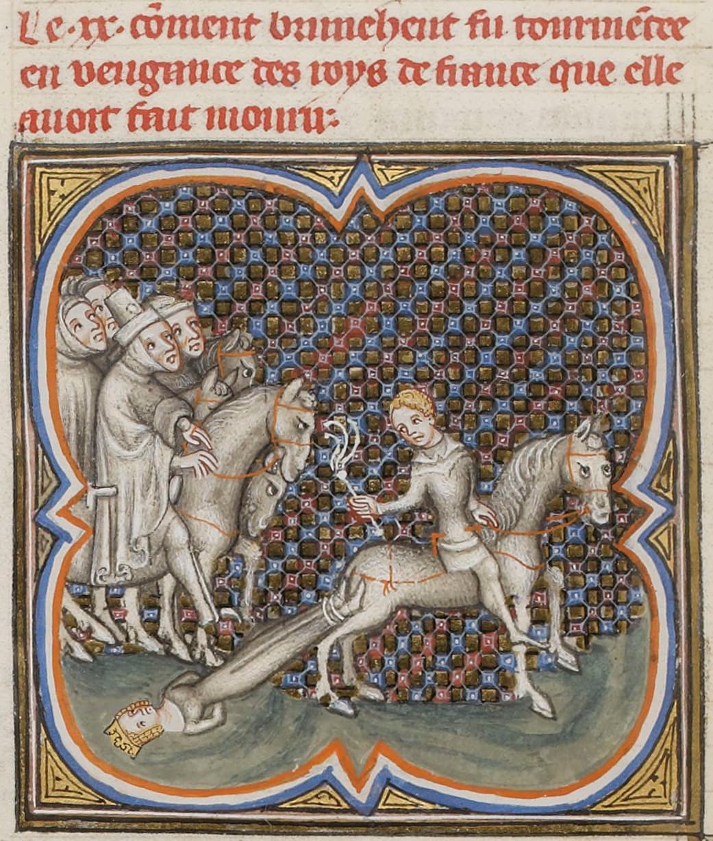 Miniatura medievale dell'esecuzione della regina Brunechilde nel 613