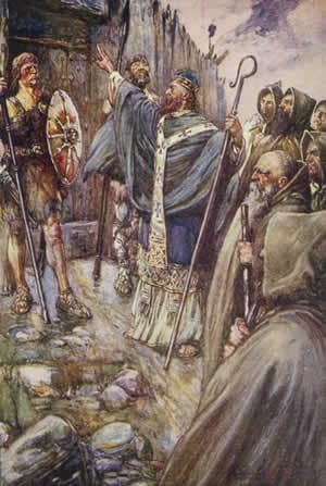Illustration of Columba arriving at the fort of the Pictish king Brude