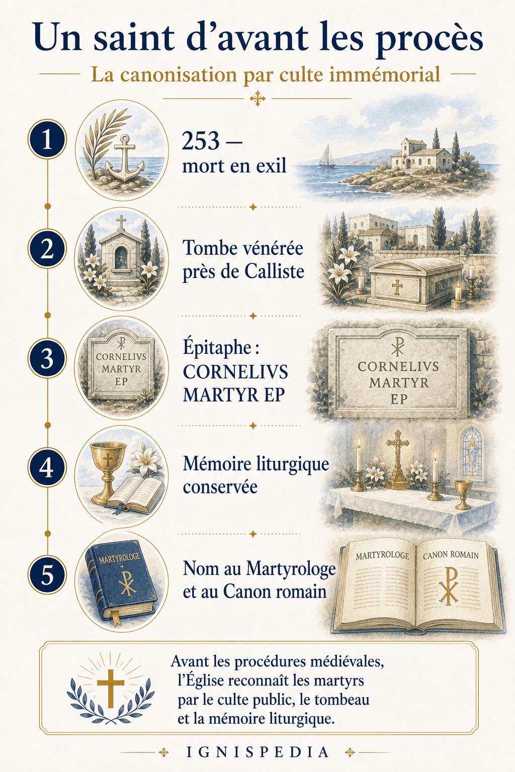 Infografía Ignispedia sobre la canonización de san Cornelio por culto inmemorial: tumba, epitafio, memoria litúrgica y Canon romano