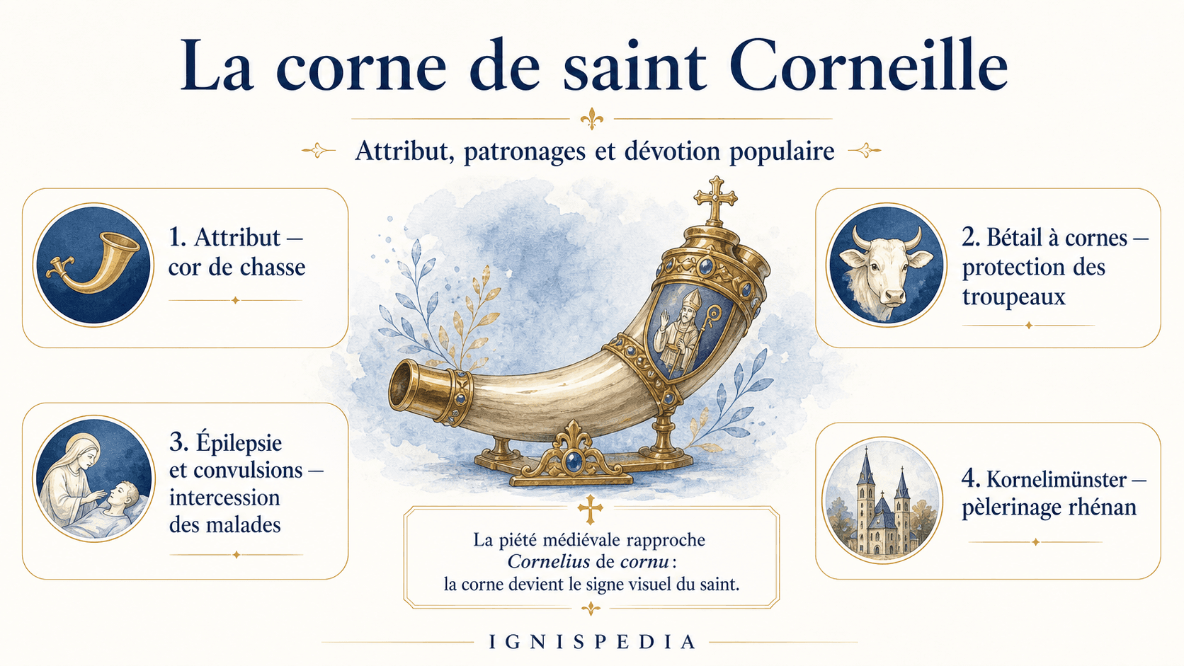 Infografía Ignispedia sobre el cuerno de san Cornelio, sus patronazgos y la devoción popular
