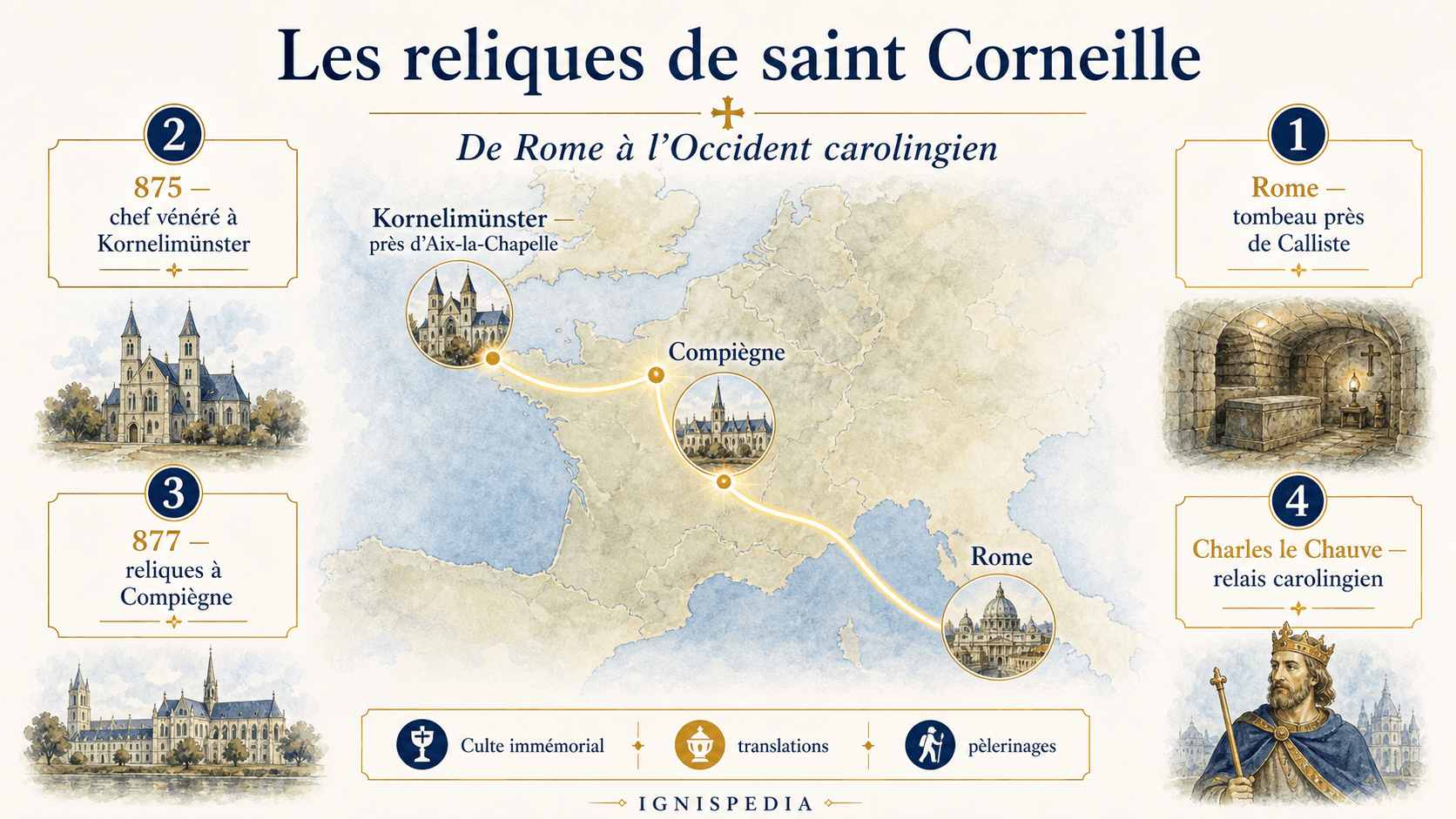 Mapa Ignispedia de las reliquias de san Cornelio entre Roma, Compiègne y Kornelimünster