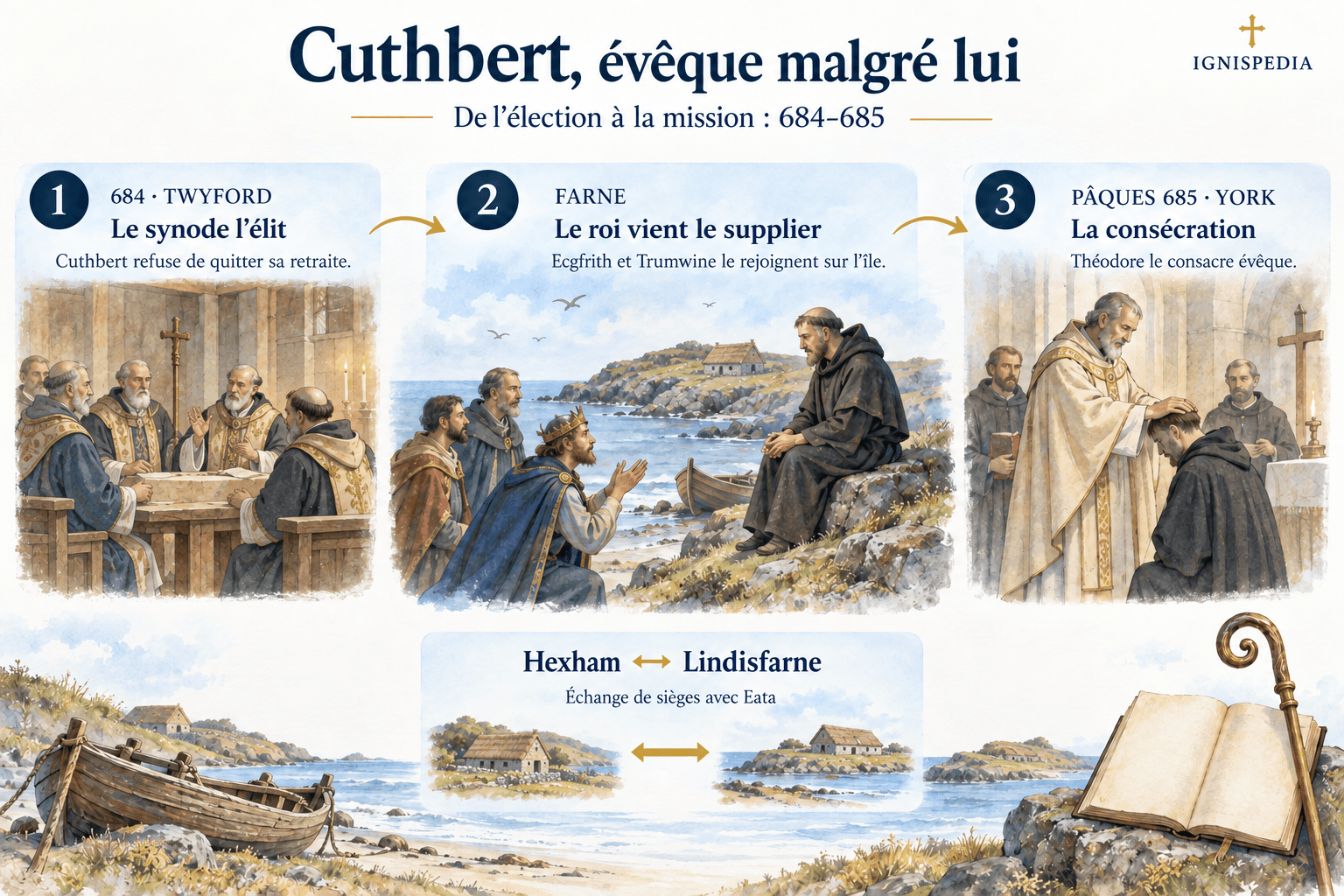 As três etapas da chegada de Cuteberto ao episcopado : Twyford, Farne e York