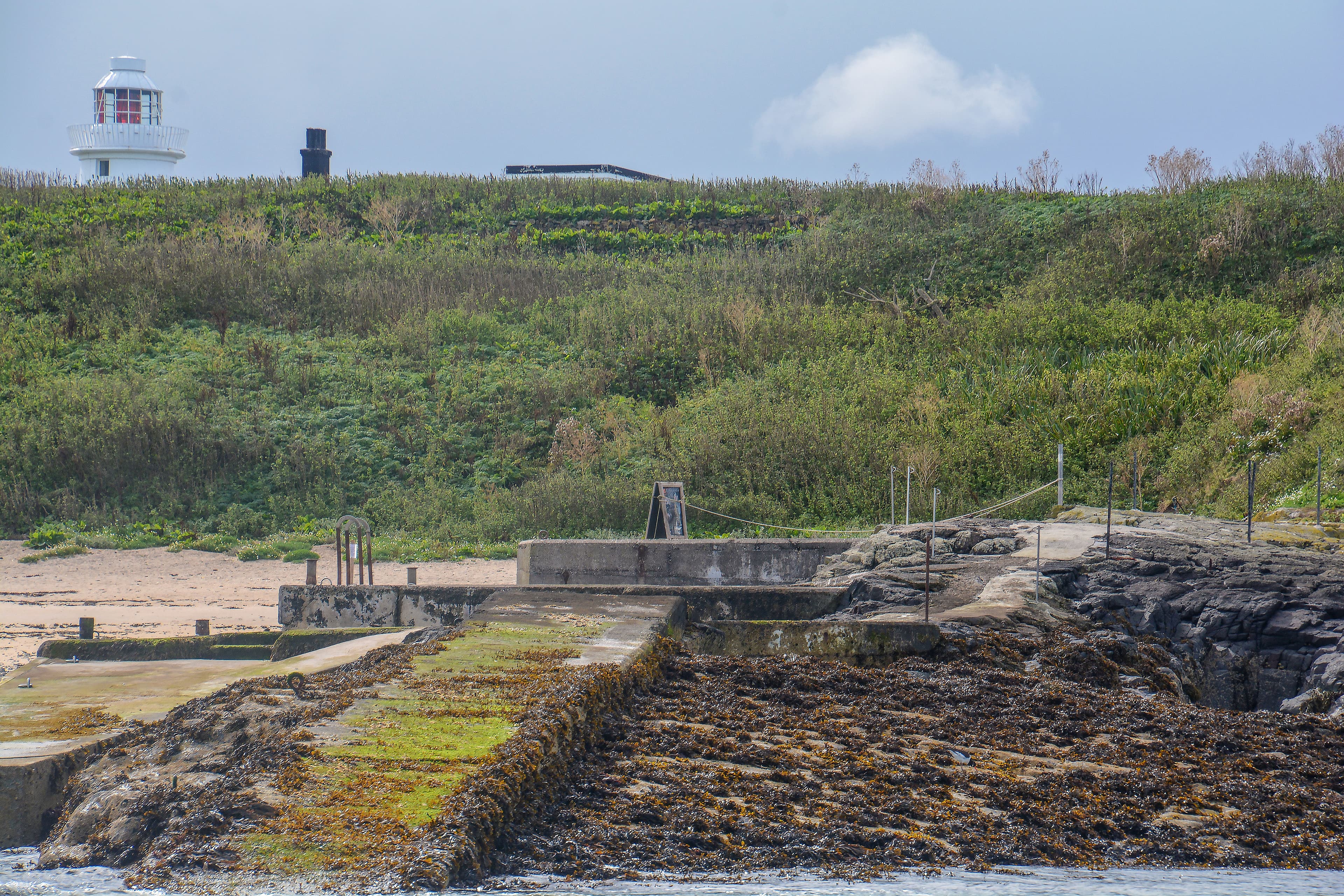 Vista da ilha de Inner Farne e dos seus edifícios atuais