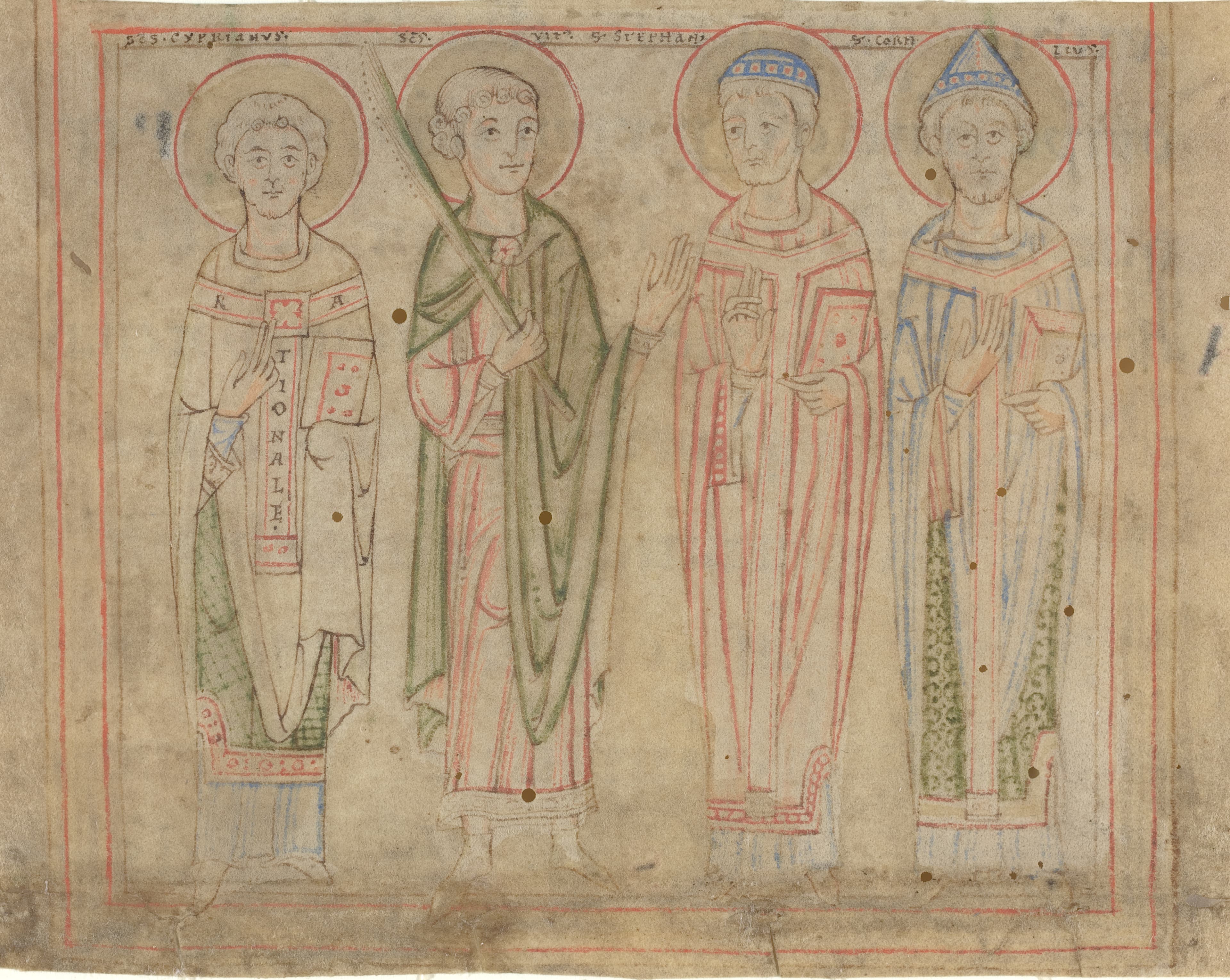 Saint Cyprien, à gauche, avec Vit, Étienne et Corneille dans une miniature allemande du XIIe siècle