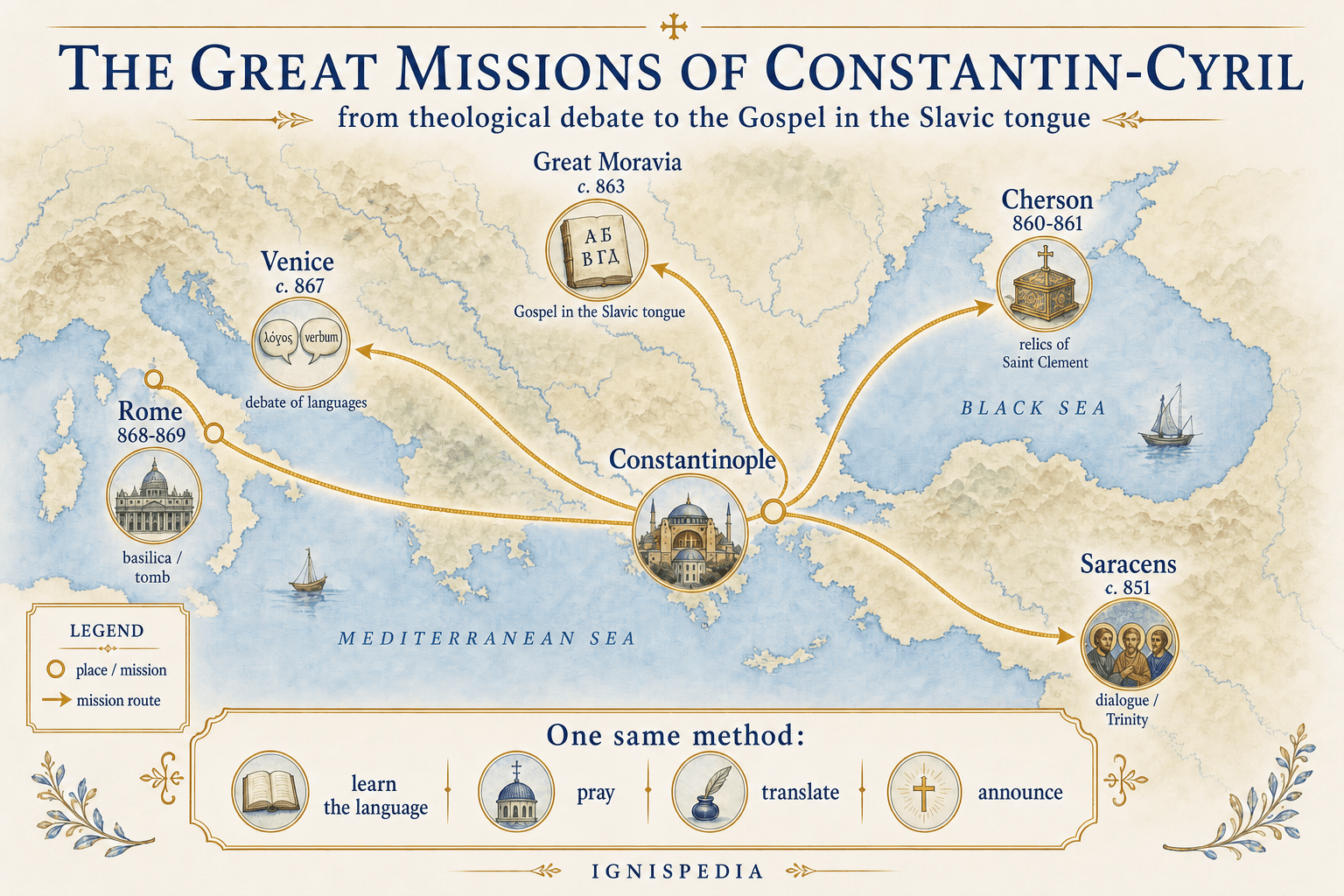 Infographic map of the major missions of Constantine-Cyril to the Saracens, Khazars, Great Moravia, Venice, and Rome