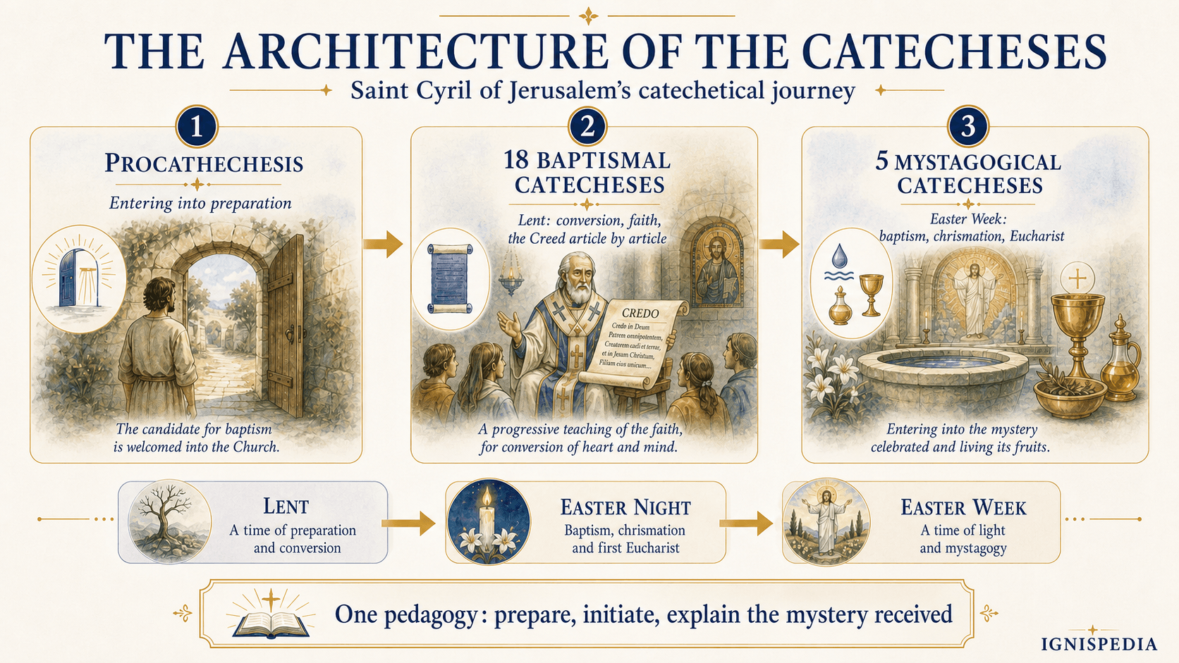 Infographic showing the structure of Saint Cyril’s Catecheses: Procatechesis, eighteen Baptismal Catecheses, and five Mystagogical Catecheses