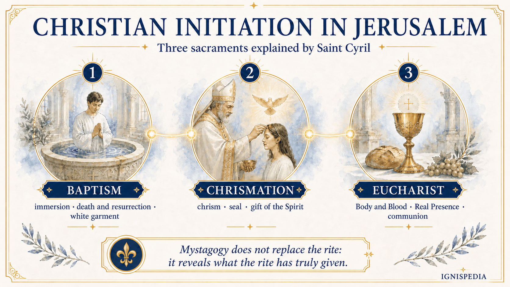Infographic of Christian initiation in Jerusalem according to Saint Cyril: baptism, chrismation, and Eucharist