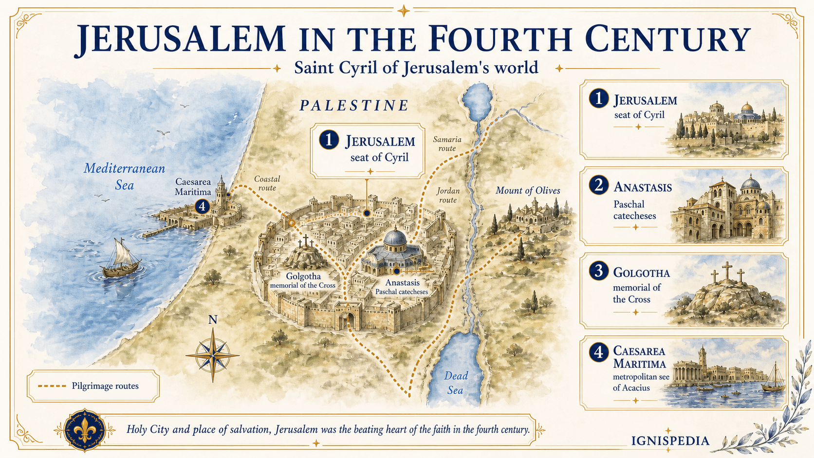 Infographic map of Jerusalem and Palestine in the 4th century, showing Golgotha, the Anastasis, the Mount of Olives, and Caesarea Maritima