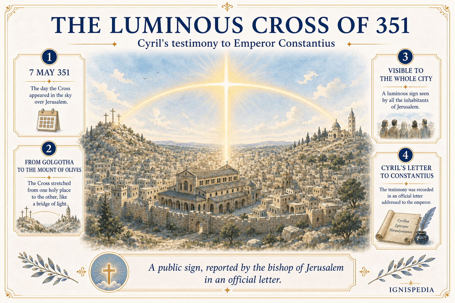 Infographic depicting the luminous cross of 351 above Jerusalem, from Golgotha to the Mount of Olives