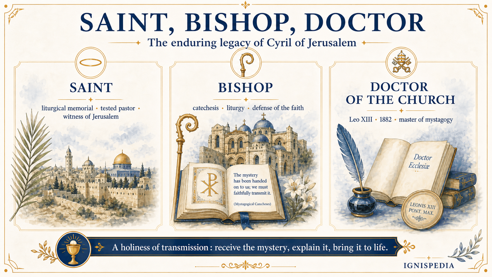 Triptych infographic on the legacy of Saint Cyril of Jerusalem: saint, bishop, and Doctor of the Church