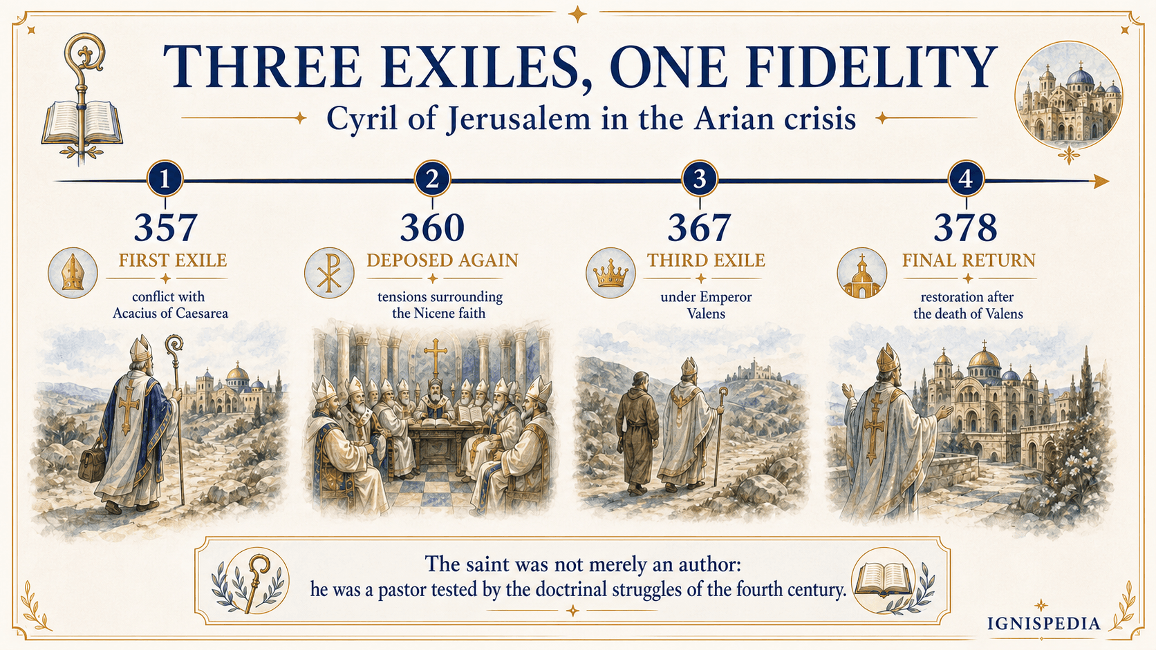 Infographic timeline of the three exiles of Saint Cyril of Jerusalem, from 357 to his final return in 378