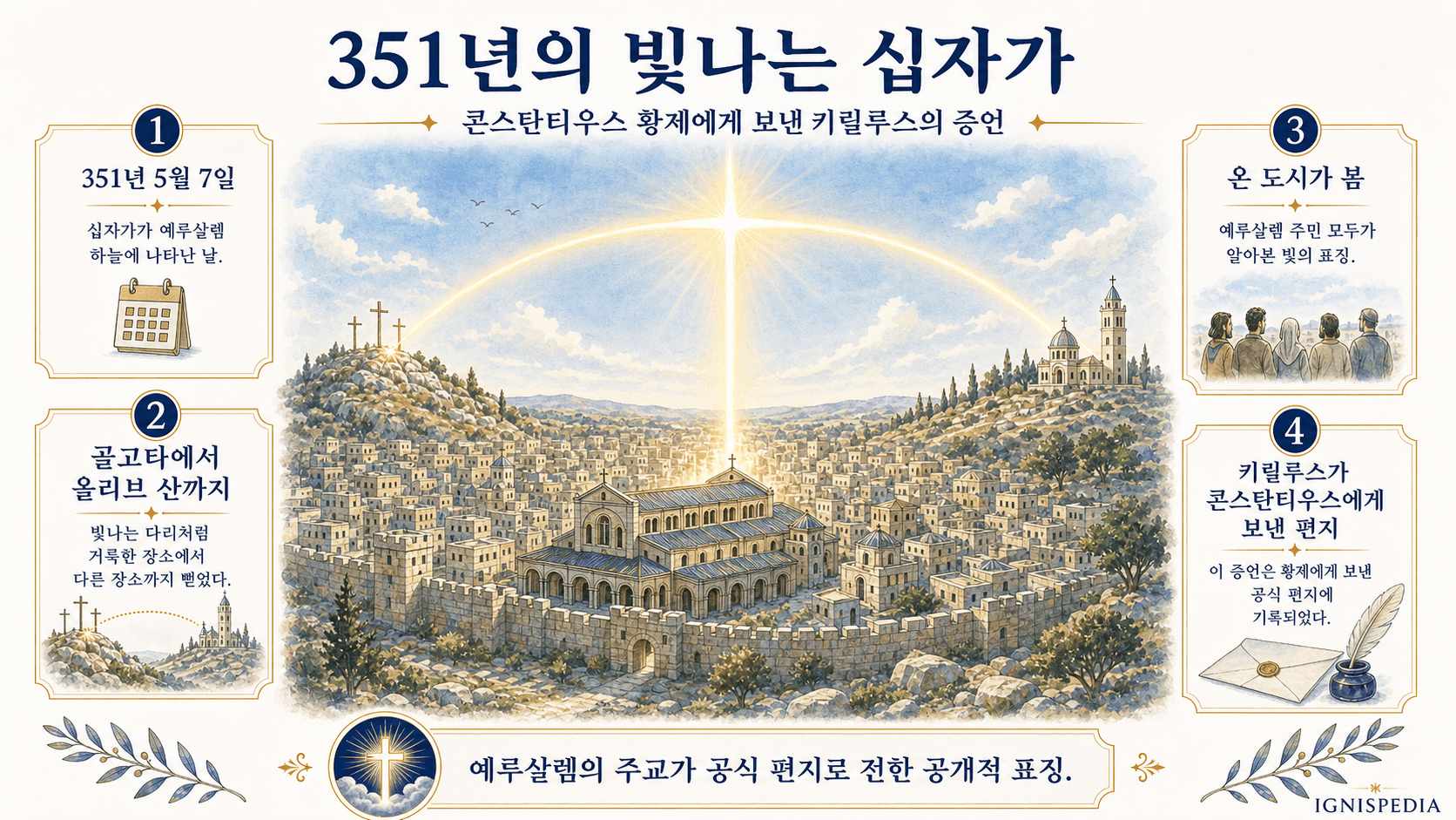 골고타에서 감람산까지 예루살렘 위에 나타난 351년 빛나는 십자가를 나타낸 인포그래픽