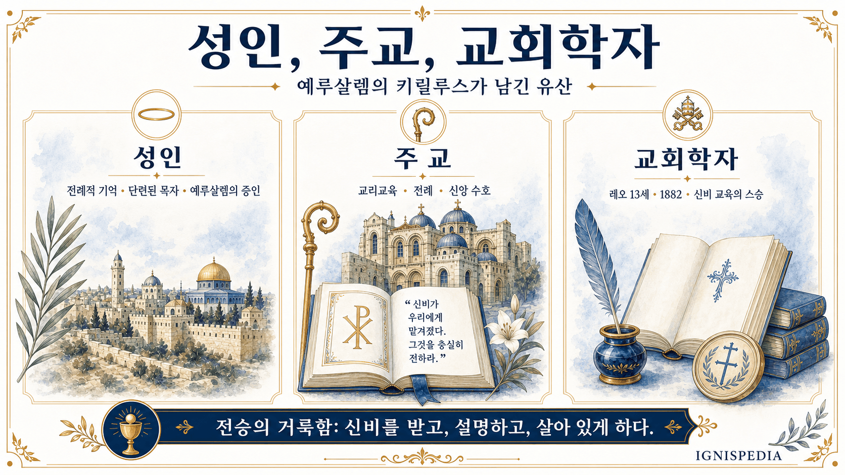 예루살렘의 성 키릴루스의 유산에 관한 삼면 인포그래픽: 성인, 주교, 교회학자