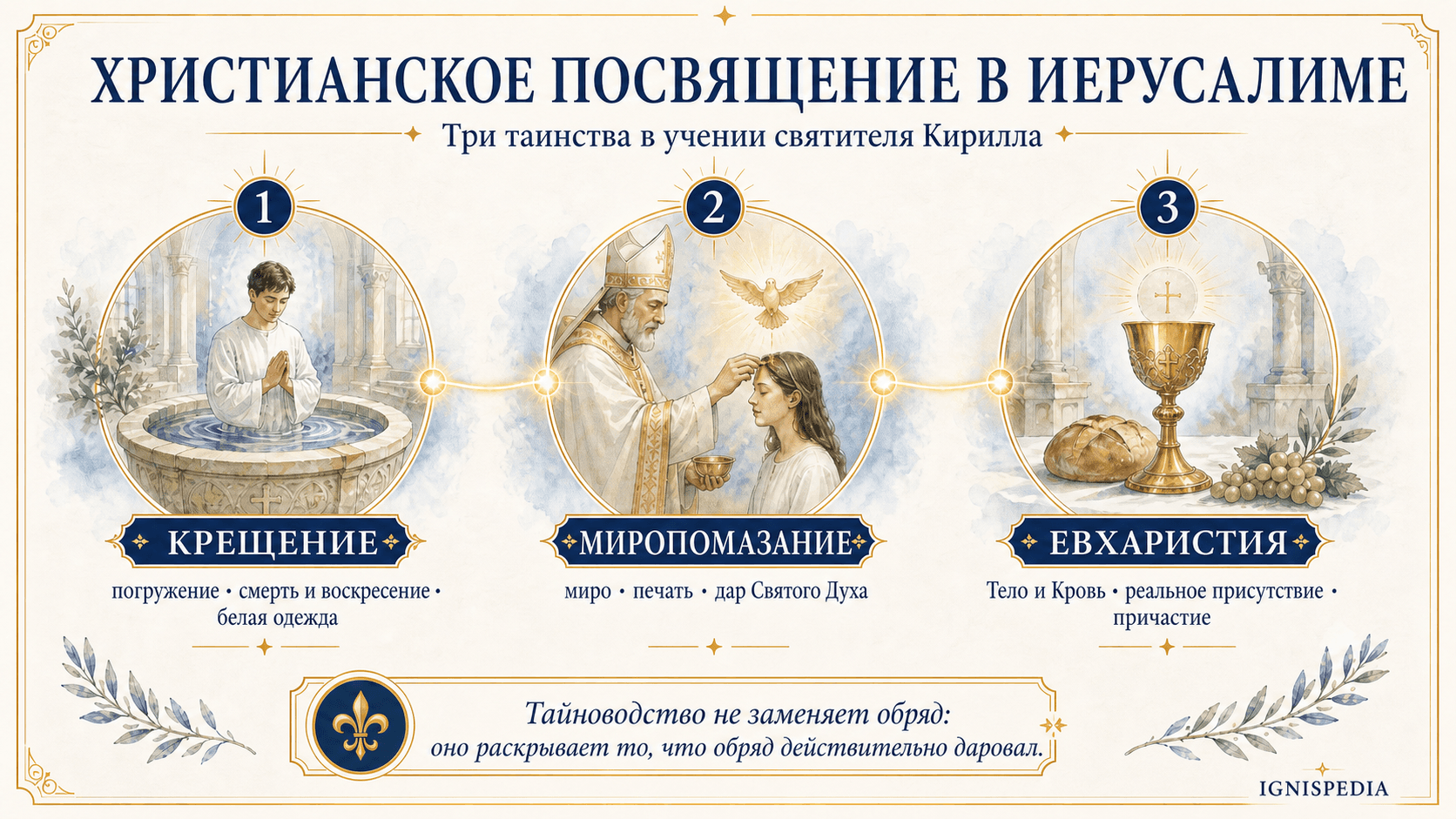 Инфографика христианского посвящения в Иерусалиме по святителю Кириллу: крещение, миропомазание и Евхаристия