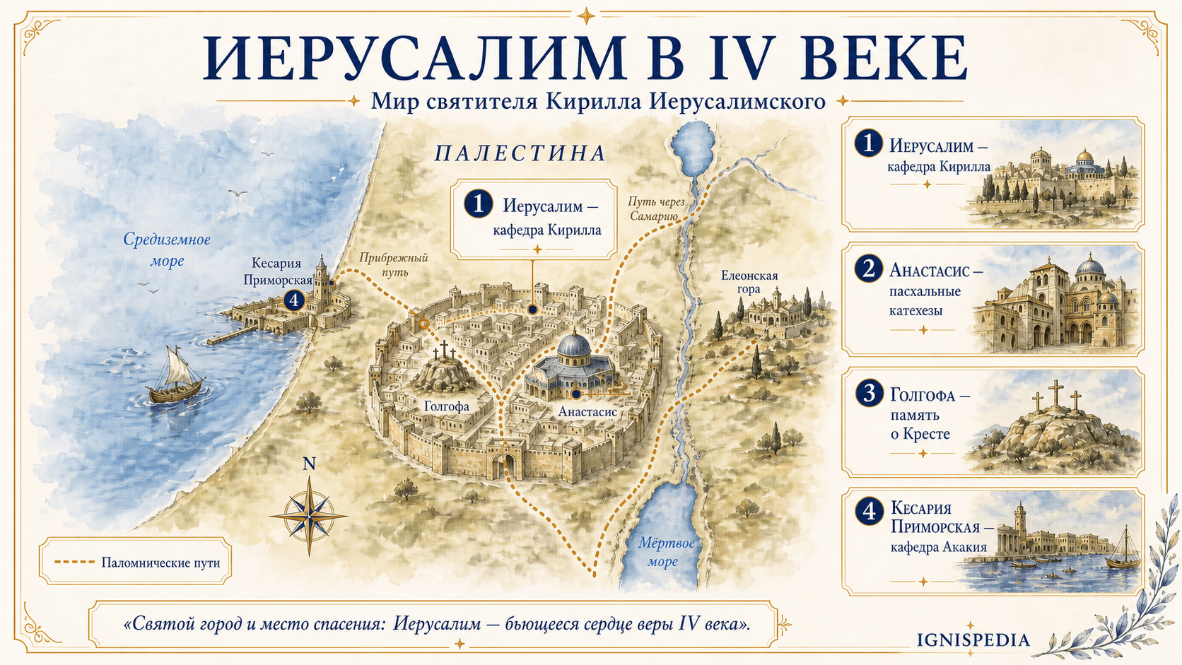 Инфографическая карта Иерусалима и Палестины IV века с Голгофой, Анастасисом, Елеонской горой и Кесарией Маритимой